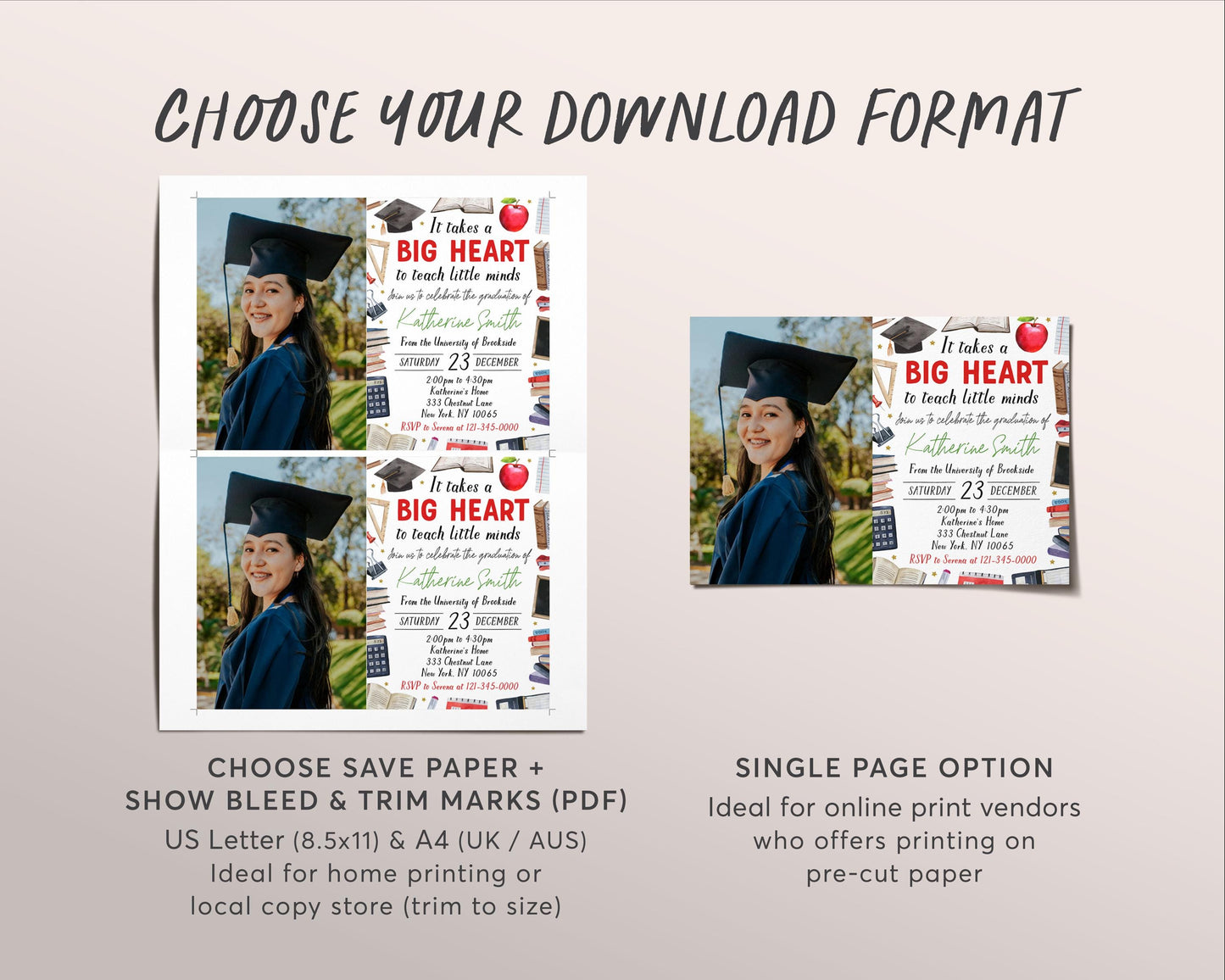 Teacher Graduation Invitation With Photo Editable Template, Teaching Diploma Grad Announcement Party Invite, Early Child Education Evite