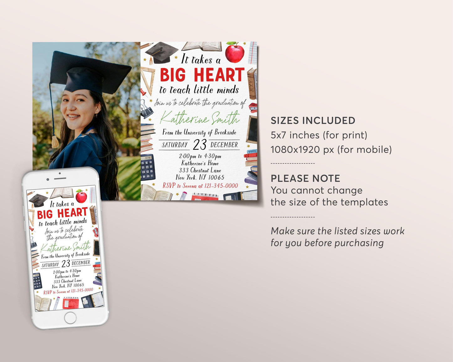 Teacher Graduation Invitation With Photo Editable Template, Teaching Diploma Grad Announcement Party Invite, Early Child Education Evite