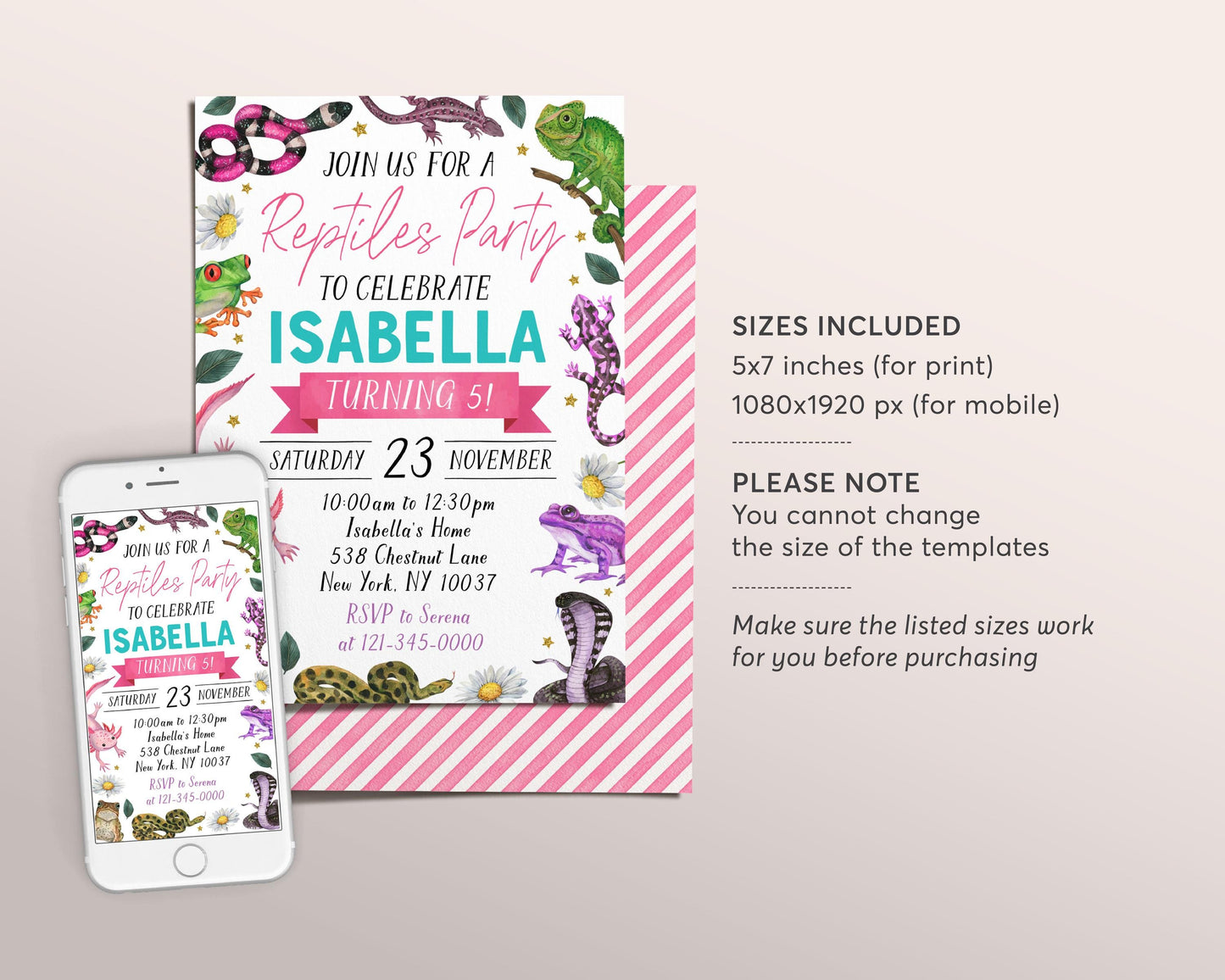 Reptiles Birthday Invitation Editable Template, Girl Reptile Nature Theme Party Invite, Kids Snake Lizard Frog Creepy Crawly Outdoor Evite