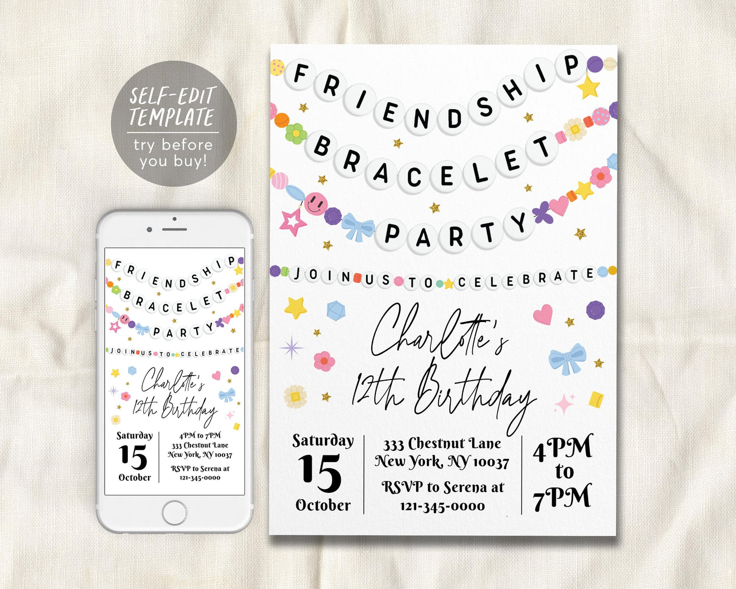 Friendship Bracelet Birthday Invitation Editable Template