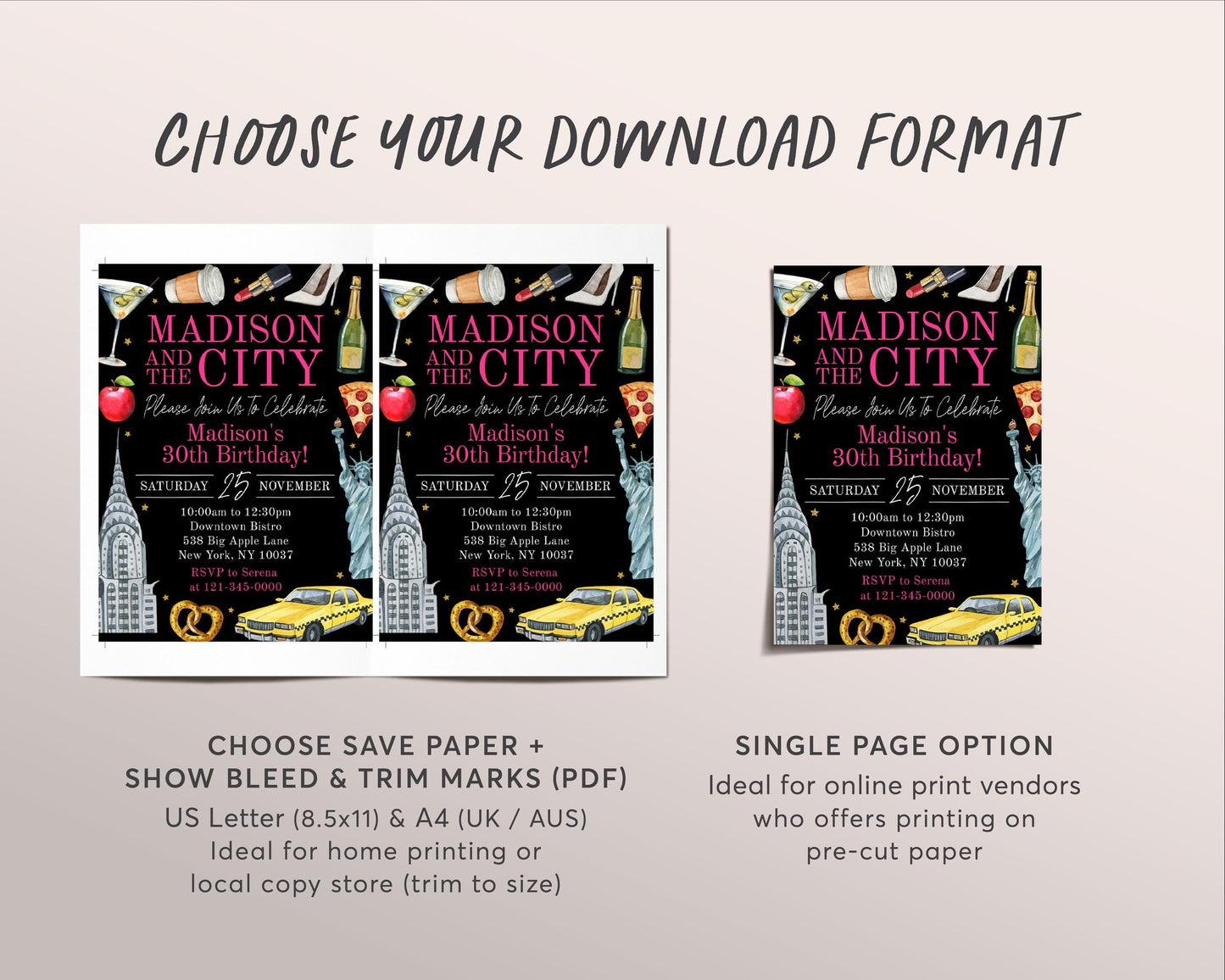 New York City Birthday Invitation Editable Template, And The City NYC Party Invite, Big Apple Adult Girls Night Out 30th Gold Black Evite