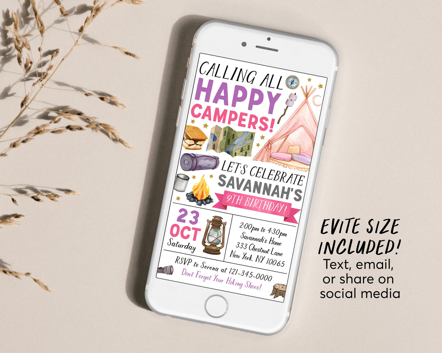 Girl Camping Birthday Invitation Editable Template, Outdoor Camp Out Party Invite, Girl Camp Checklist, Kids Tent Sleepover Glamping Evite