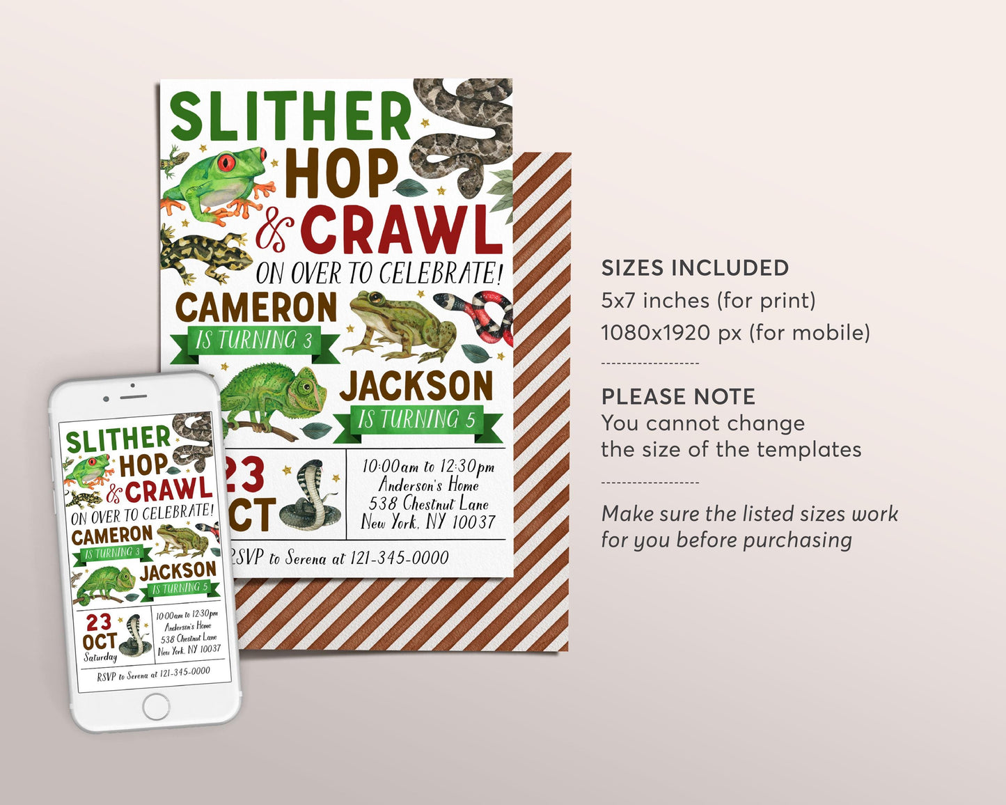 Reptile Joint Siblings Birthday Invitation Editable Template