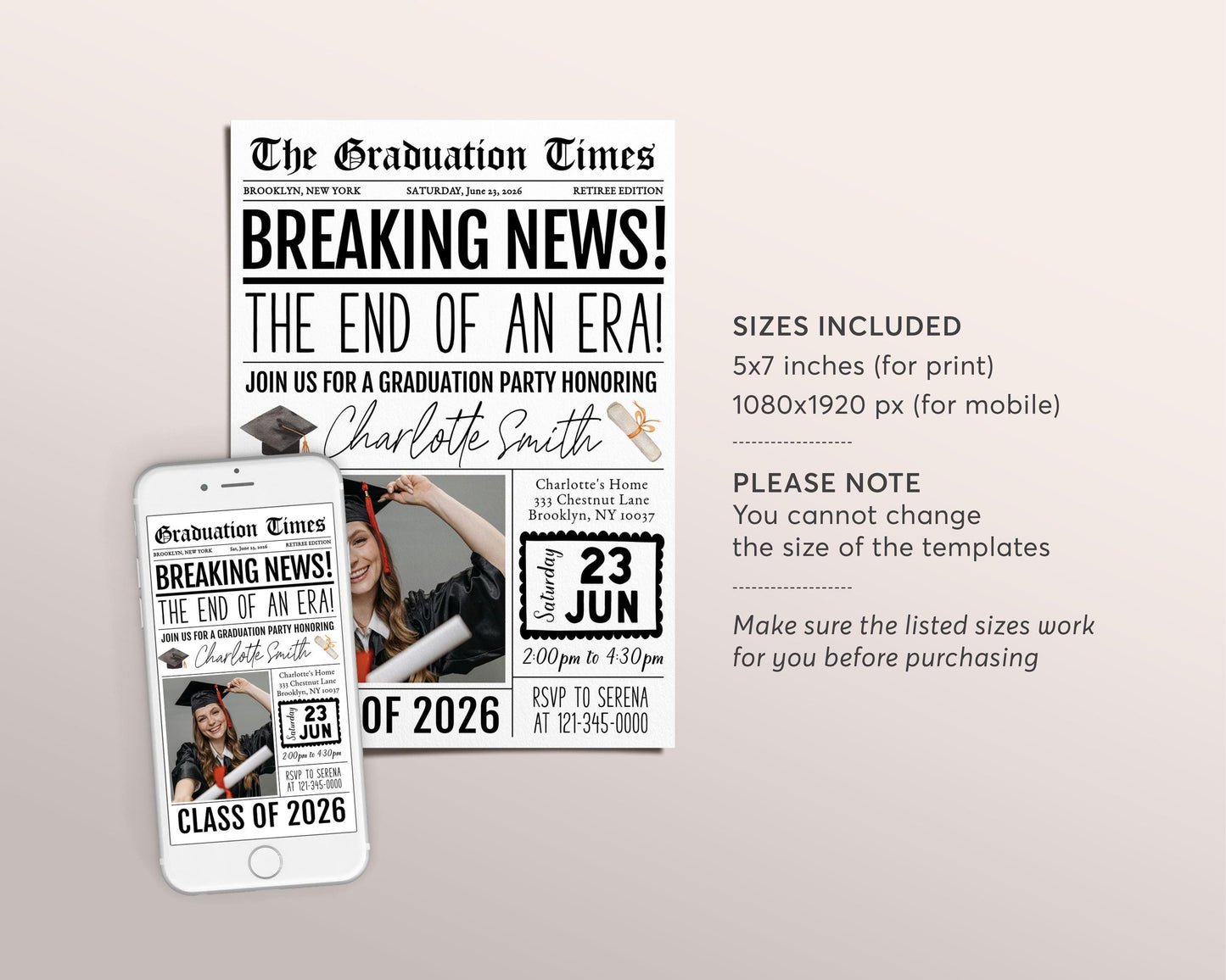 Graduation Newspaper Invitation Editable Template, Senior Graduation Announcement Party Invite for Him Her, Grad College High School Evite