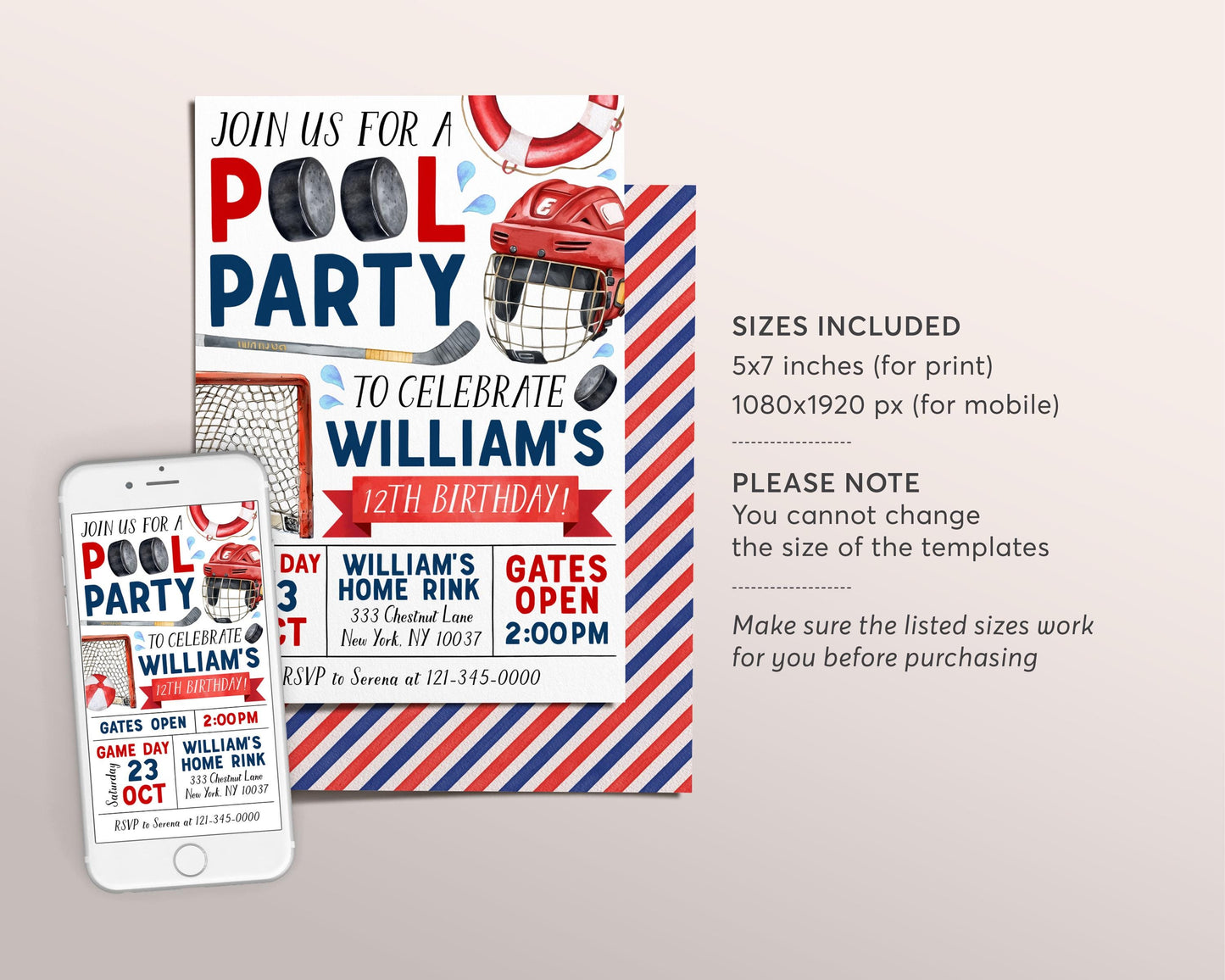 Hockey Pool Party Birthday Invitation Editable Template, Sports Ice Hockey Backyard Summer Party Invite, Swimming Pool Splish Splash Evite