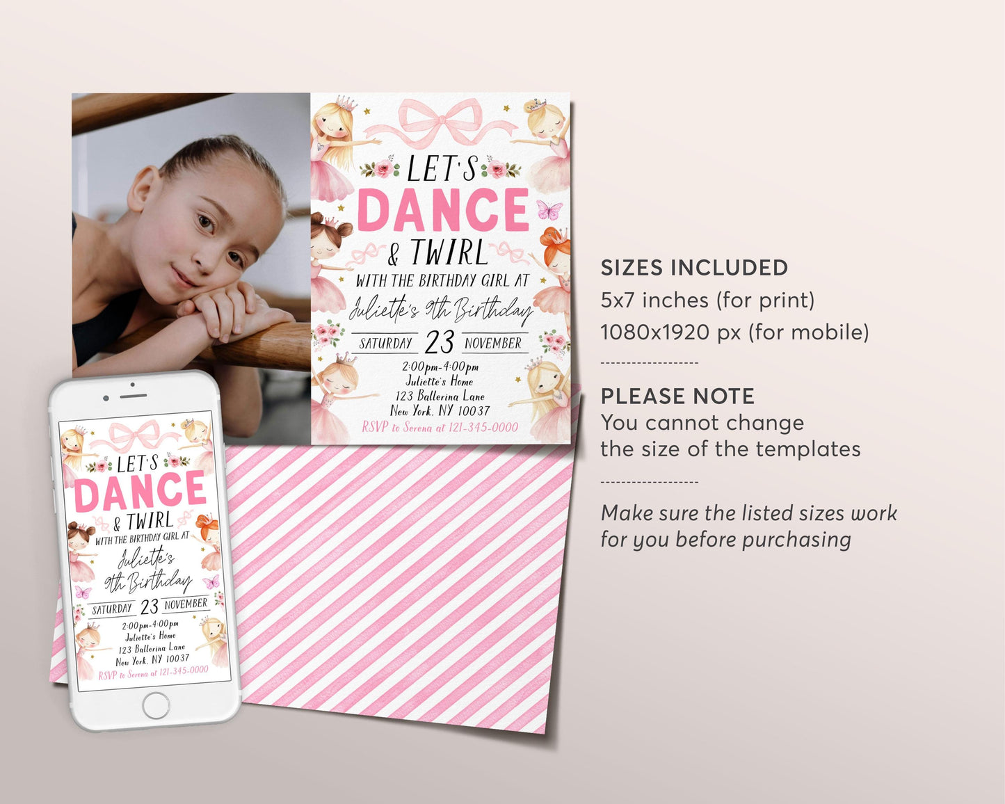Ballerina Birthday Invitation With Photo Editable Template, Let's Dance And Twirl Invite, Kids Ballet Pink Tutu Little Ballerina Dance Evite