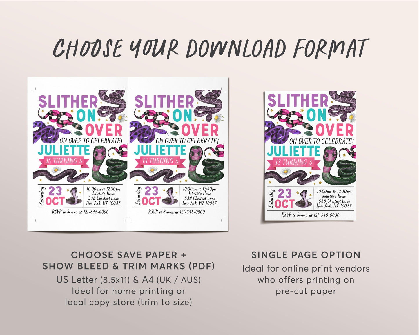 Snake Birthday Invitation Editable Template, Girl Slither On Over Reptile Show Nature Theme Party Invite, Kids Snakes And Cake Outdoor Evite