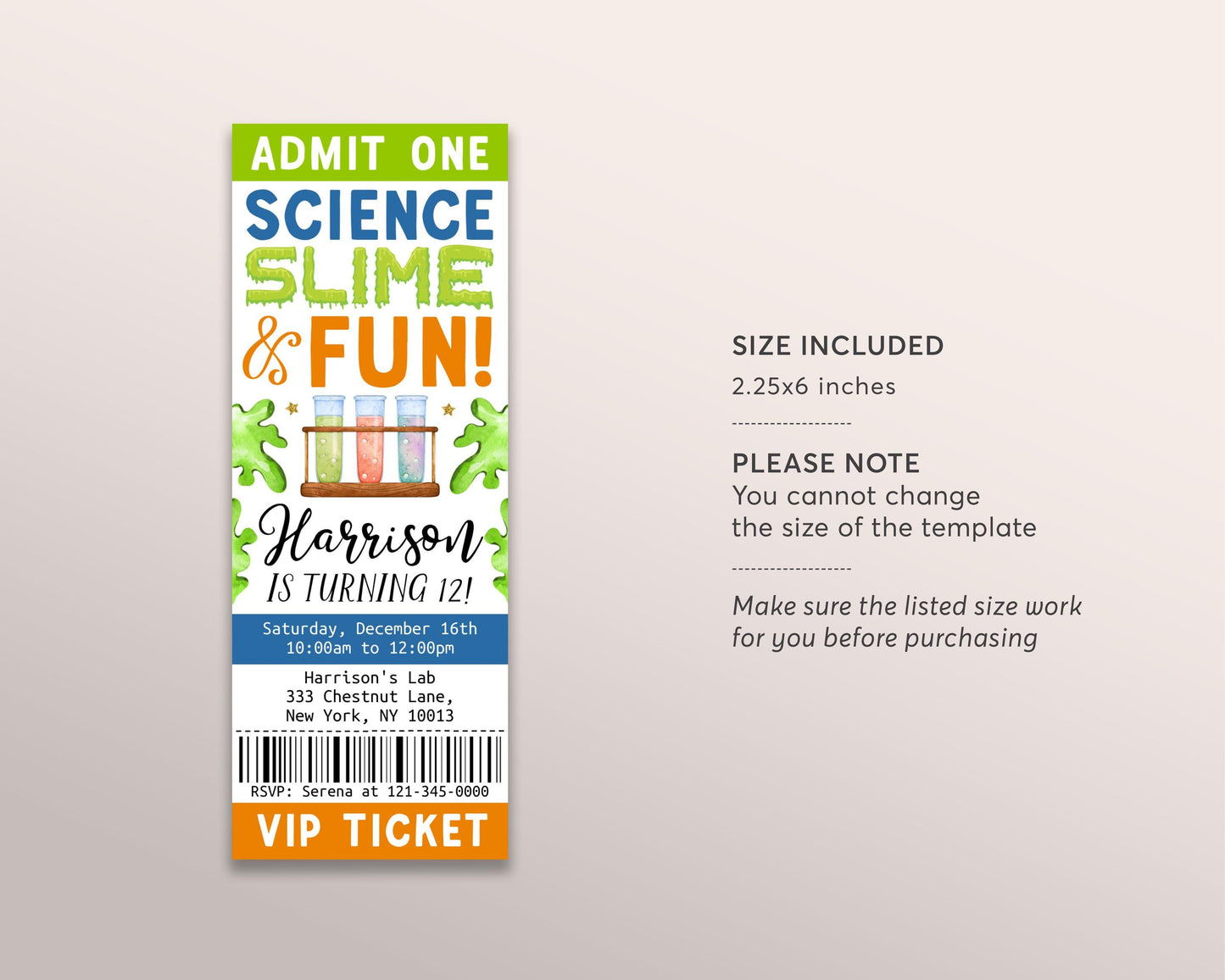 Science Slime Birthday Ticket Invitation Editable Template, Boy Scientist Slime Experiment Party Invite, Kids Slime Science Lab Party Evite