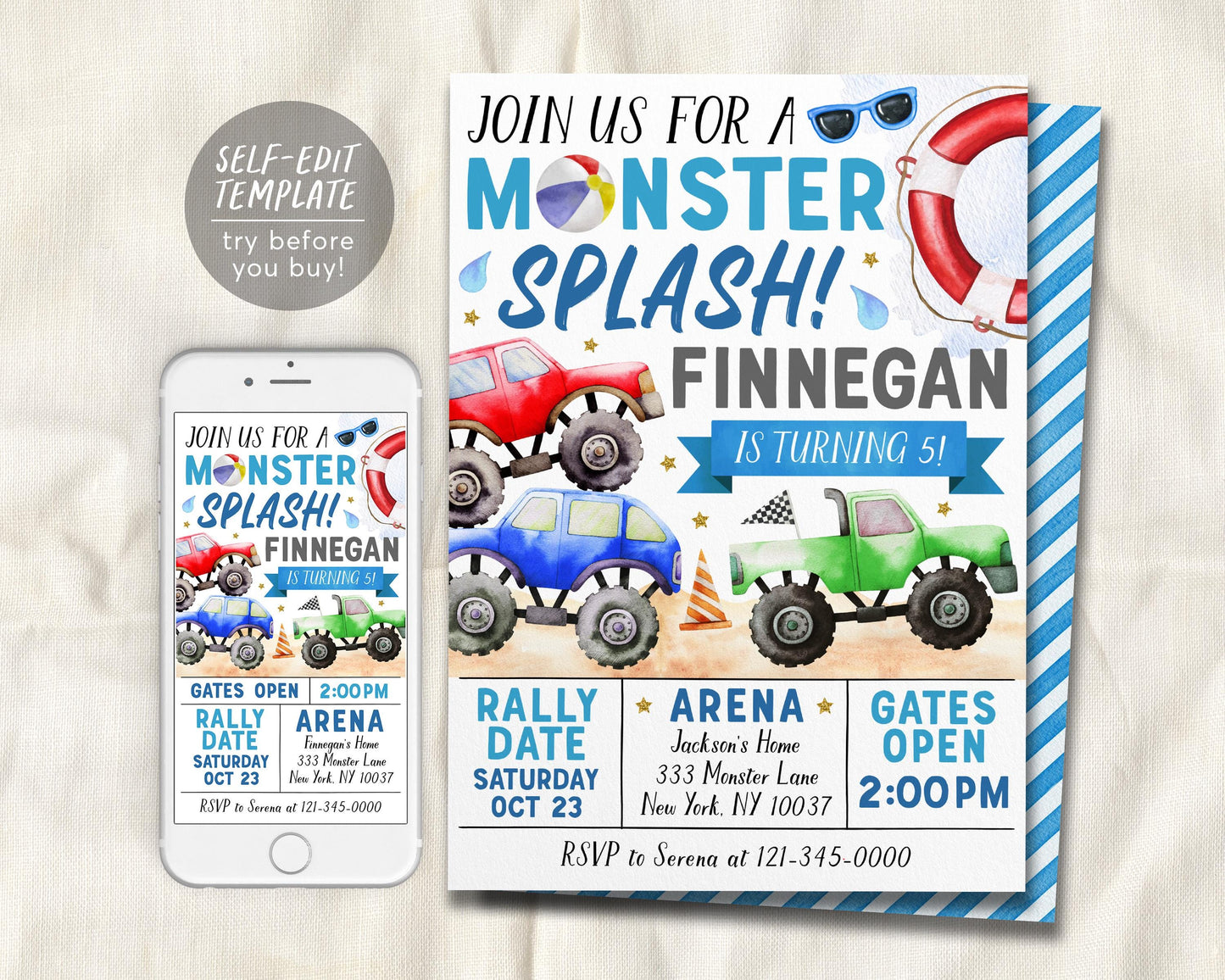 Monster Splash Pool Birthday Invitation Editable Template
