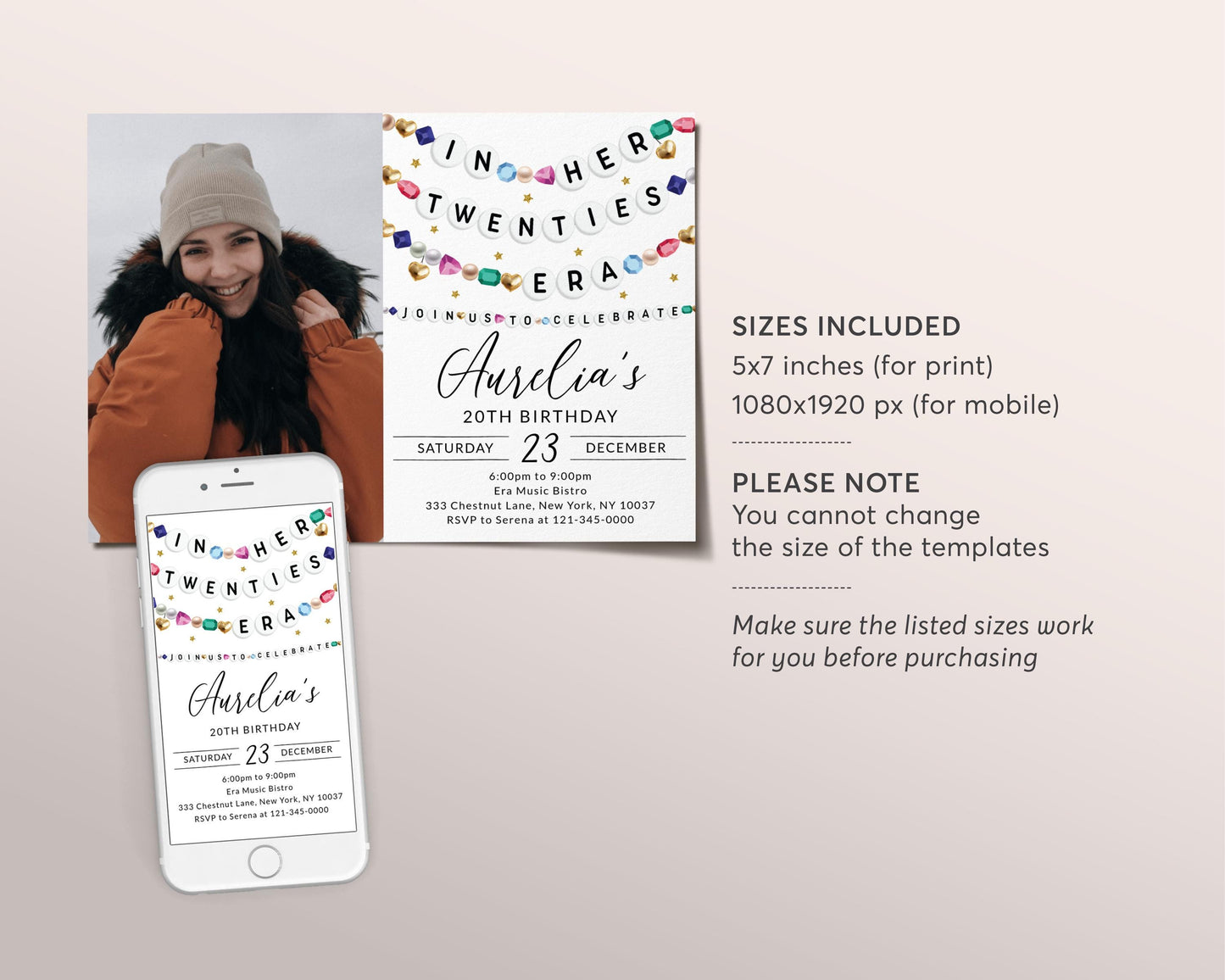 In My Twenties Era Invitation With Photo Editable Template, Friendship Bracelet Party Invite, Twentieth 20th Birthday Girl Eras Music Evite