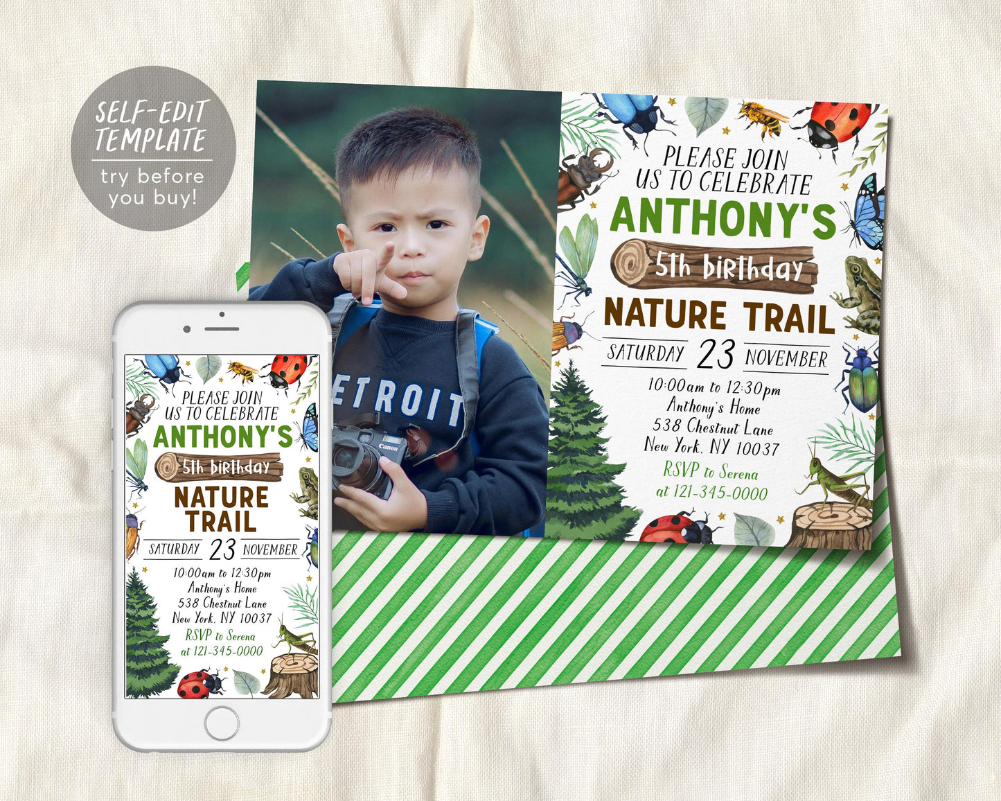 Nature Trail Birthday Invitation With Photo Editable Template