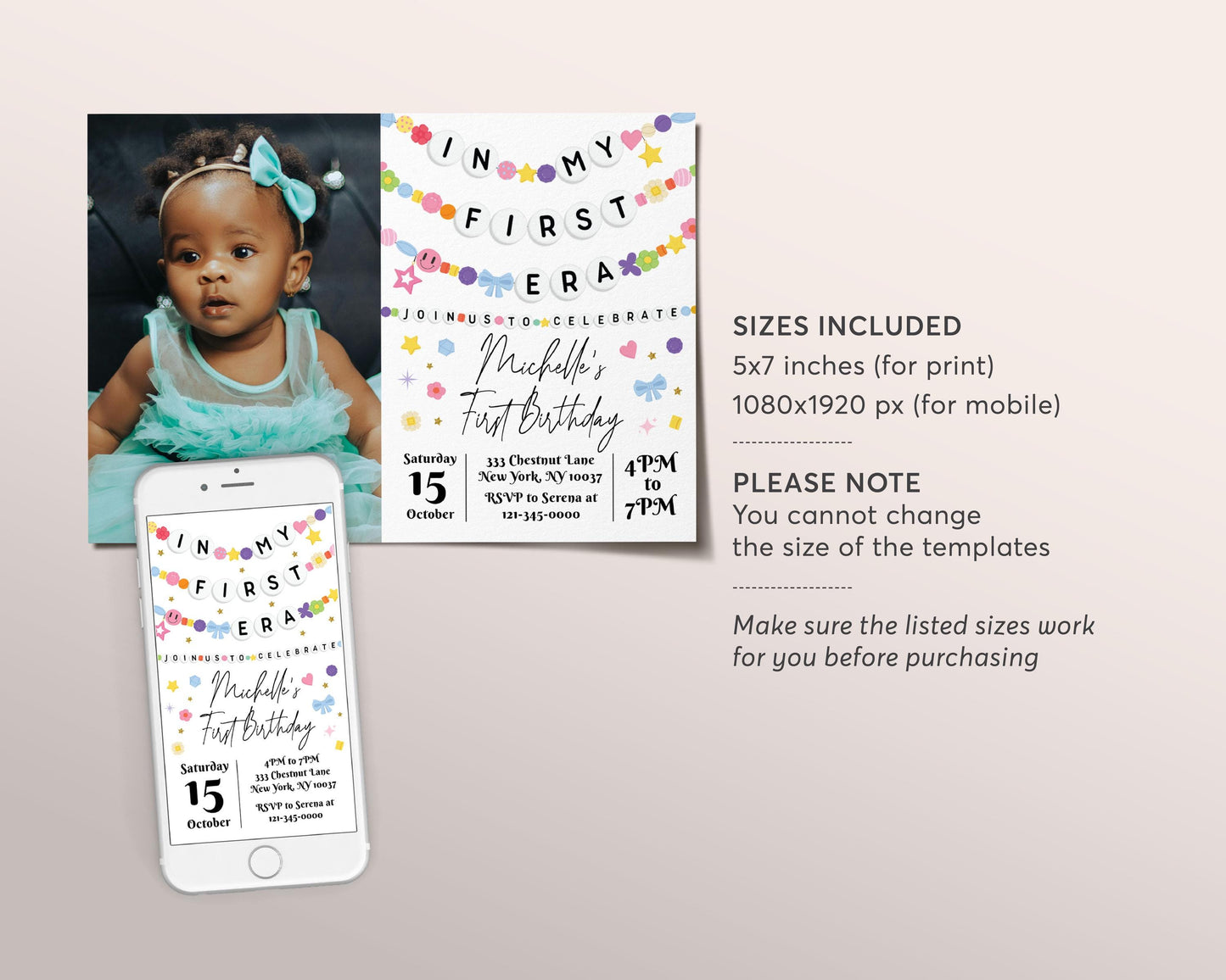 In My First Era Invitation With Photo Editable Template, First Birthday Friendship Bracelet Party Invite, Kids Birthday Era Girl Eras Evite