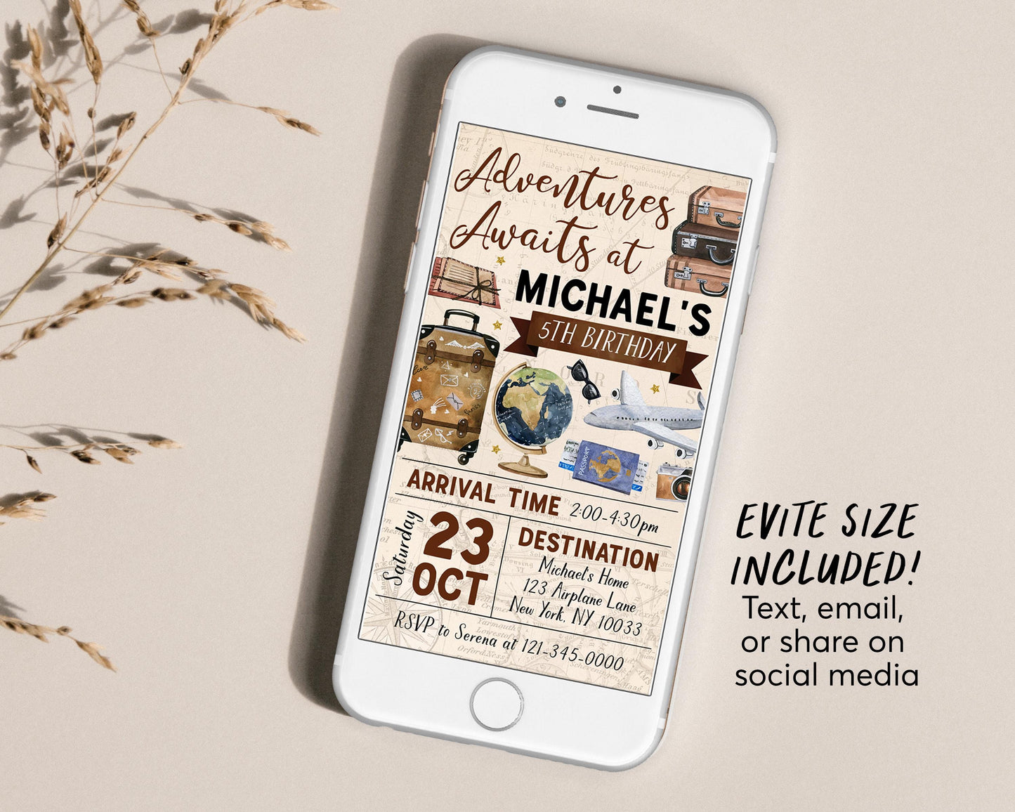Adventure Awaits Travel Birthday Invitation With Photo Editable Template, Around the World Party Invite, Vintage Map Passport Plane Evite