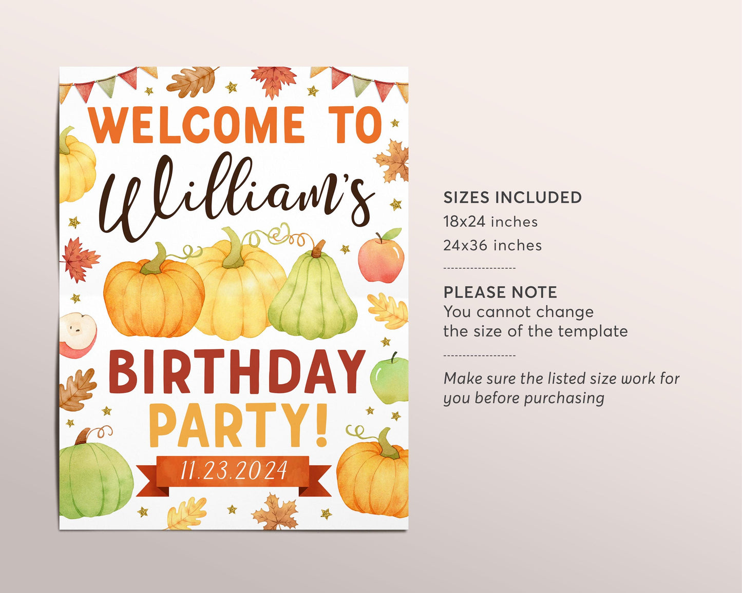 Pumpkin Welcome Birthday Sign Editable Template, Fall Autumn Our Little Pumpkin Patch Birthday Party Welcome Poster, Apple and Pumpkins