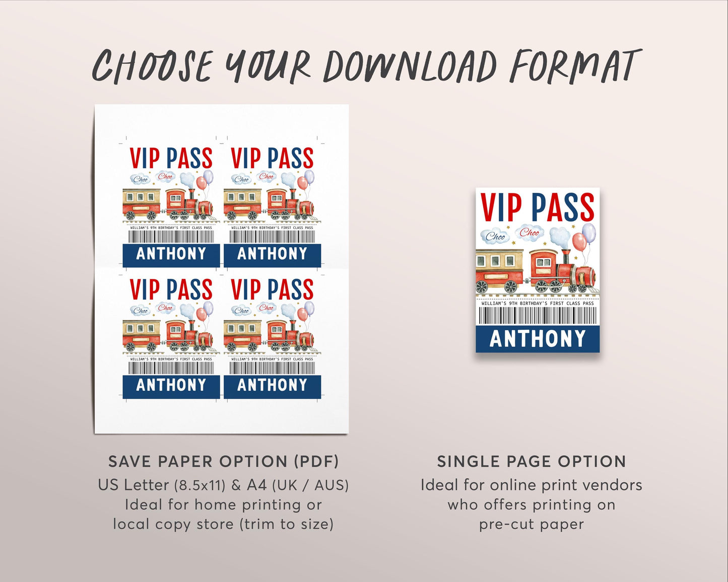 Train Birthday VIP Pass Editable Template, Unisex Train Party Pit Crew Party, First Class All Access Guest Name Tag Insert ID Badge Lanyard