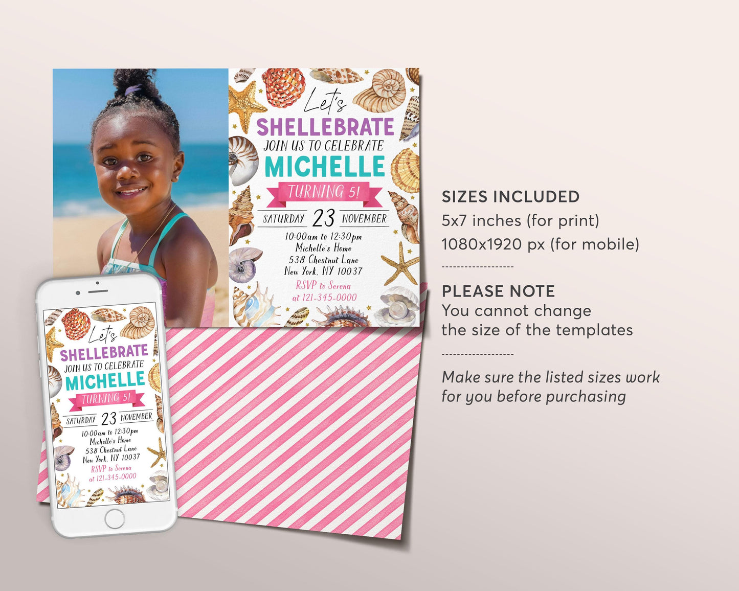 Seashell Birthday Invitation With Photo Editable Template, Girl Let's Shellebrate Sea Shell Theme Invite, Under The Sea Coastal Beach Evite