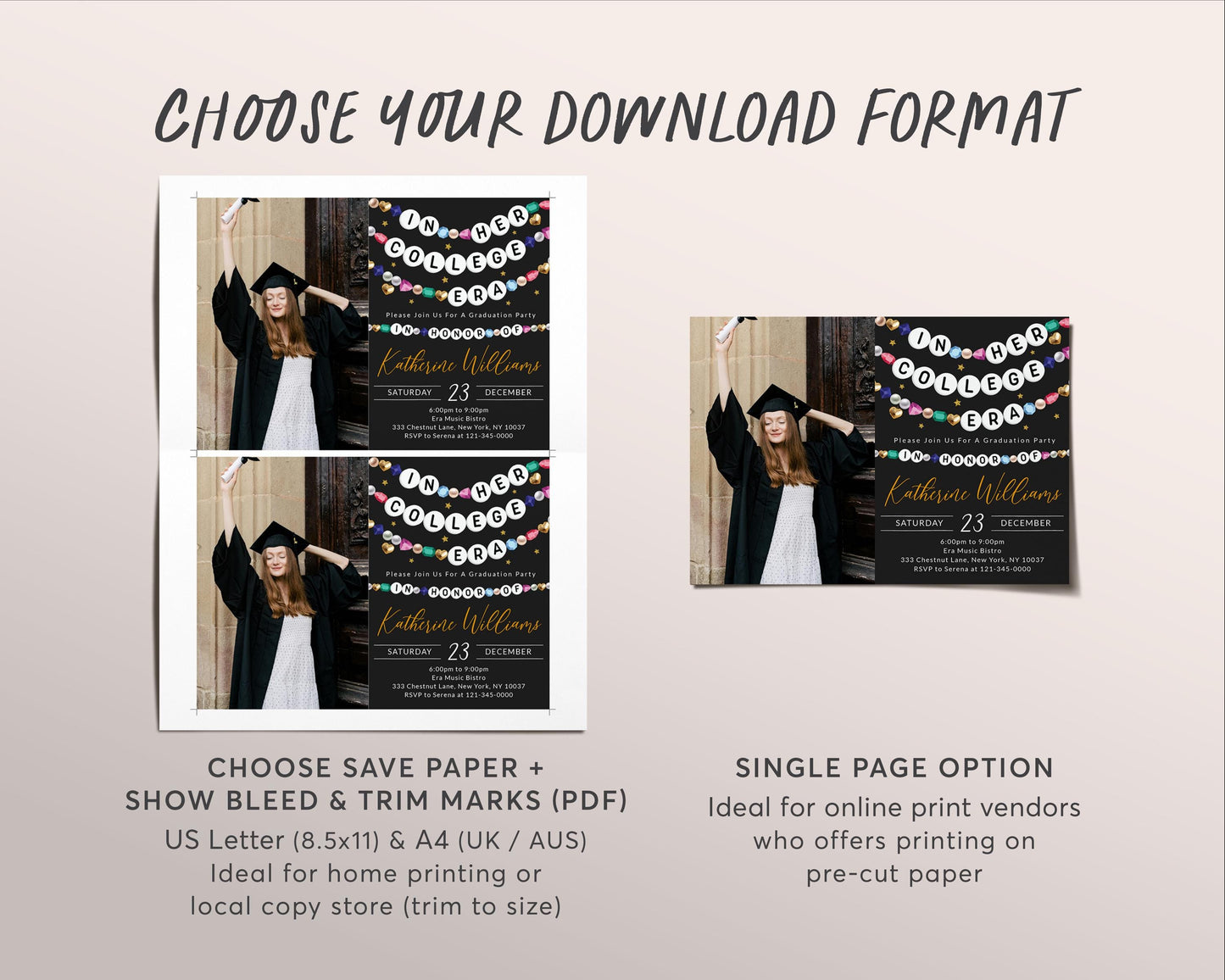 In Her College Era Invitation With Photo Editable Template, Graduation Announcement Friendship Bracelet Party Invite, Grad Black Gold Evite