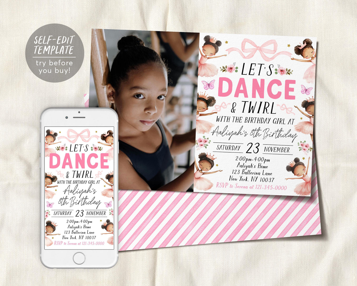 Ballerina Birthday Invitation With Photo Editable Template