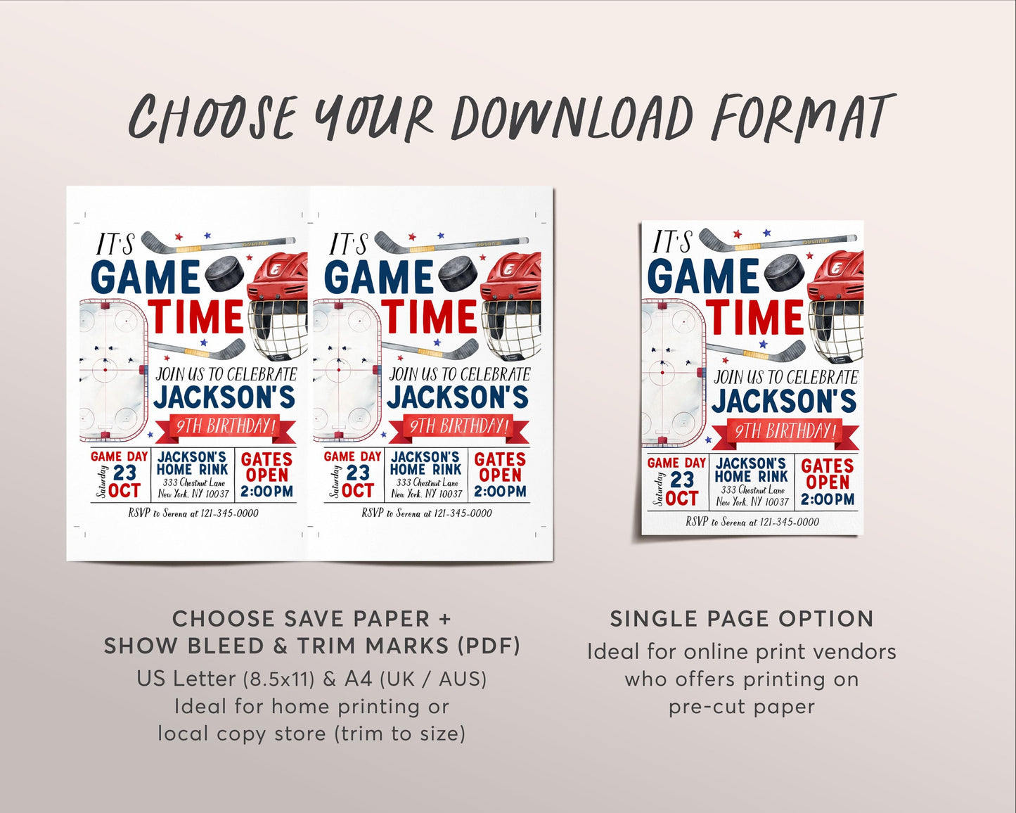 Ice Hockey Birthday Invitation Editable Template, Boy Ice Skating Rink Hockey Theme Invite, Sports It's Game Time Puck Stick Helmet Evite