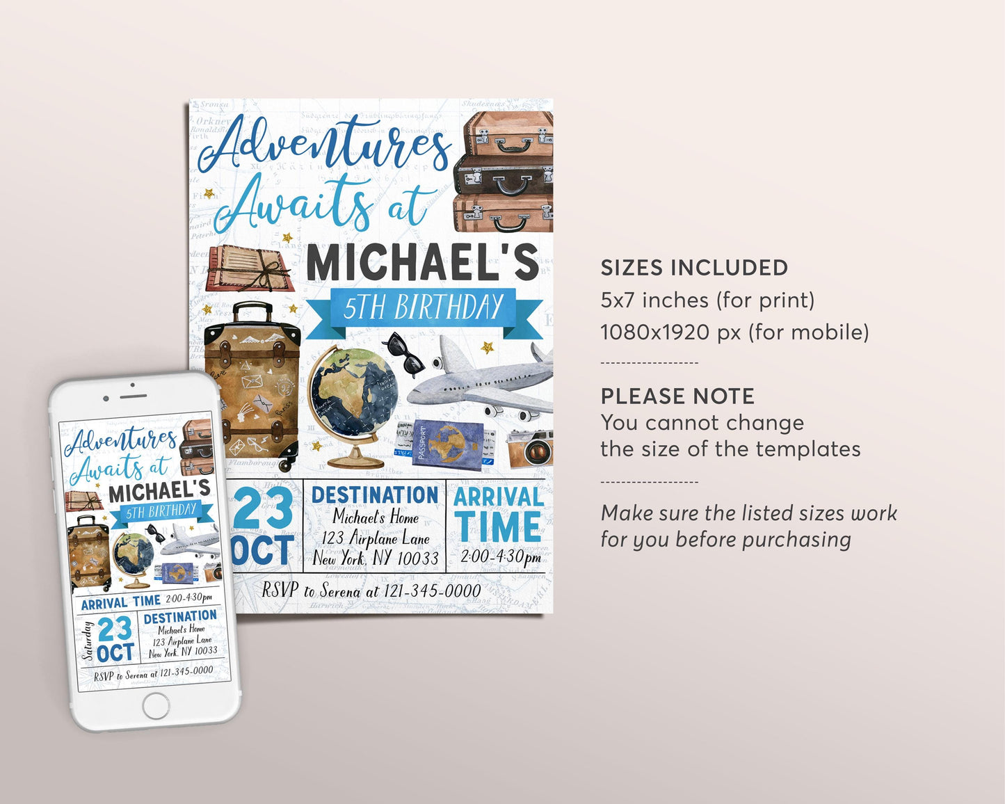 Adventure Awaits Travel Birthday Invitation Editable Template, Boy Around the World Party Invite, Vintage Map Passport Plane Globe Evite