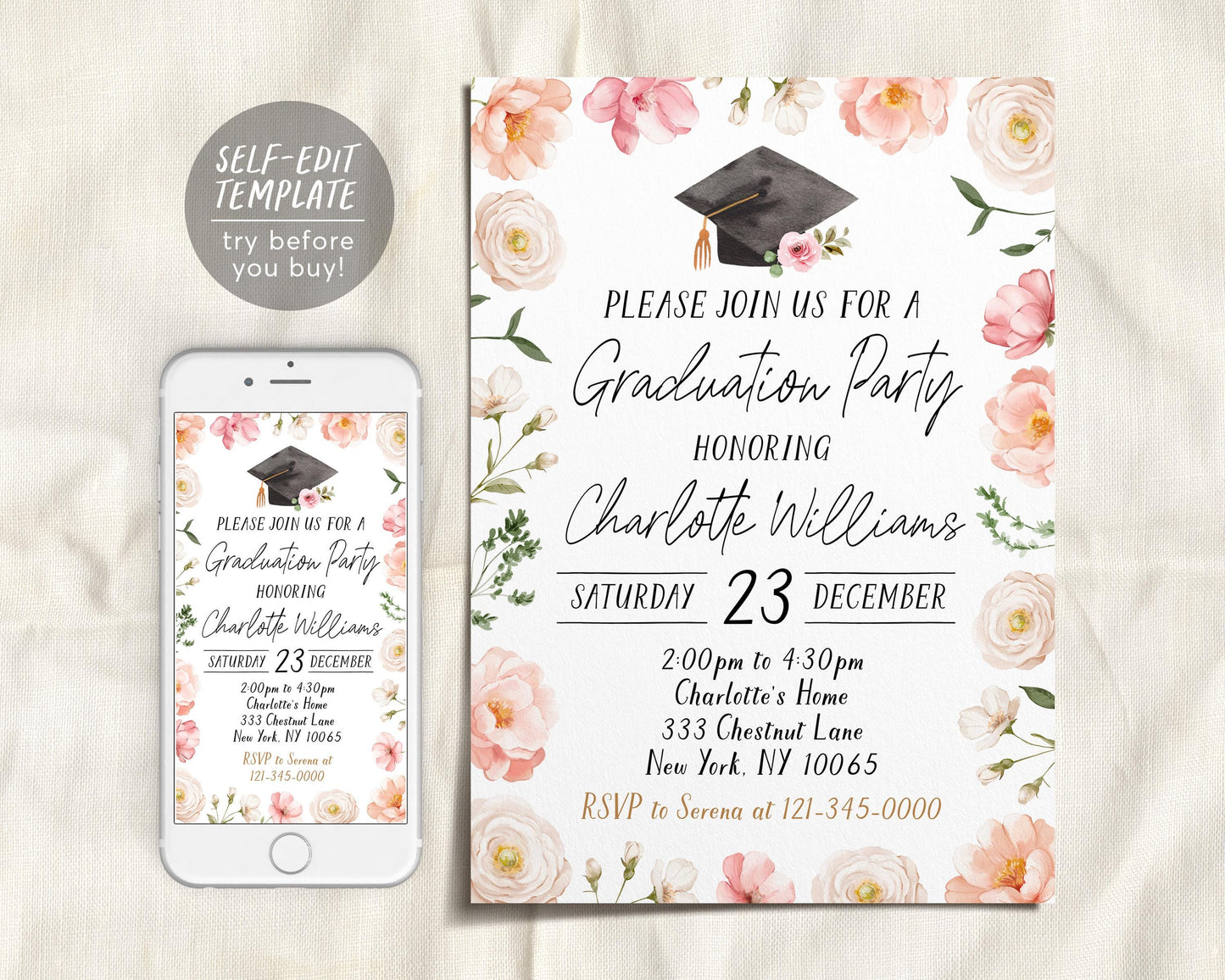 Graduation Floral Invitation Editable Template