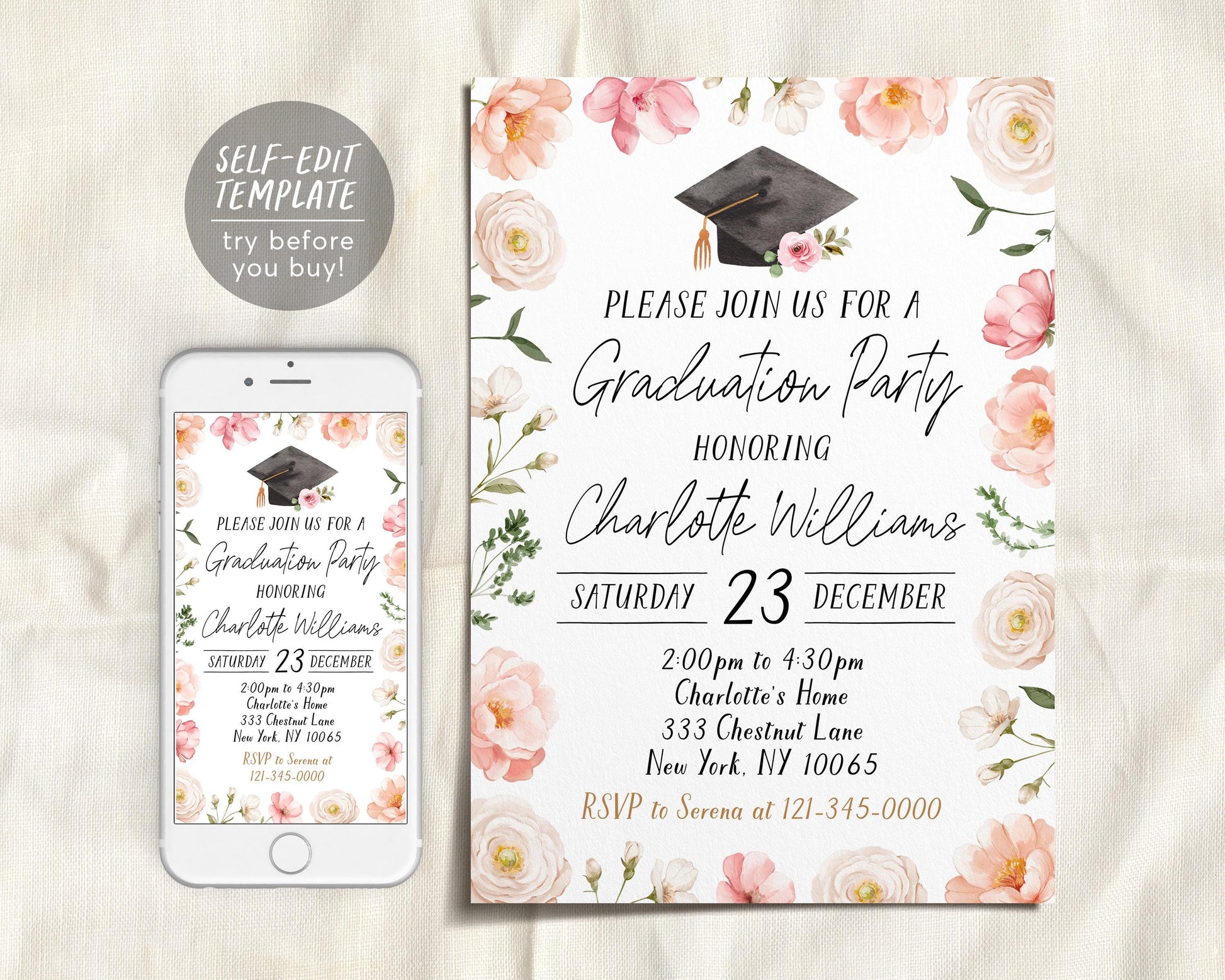 Graduation Floral Invitation Editable Template