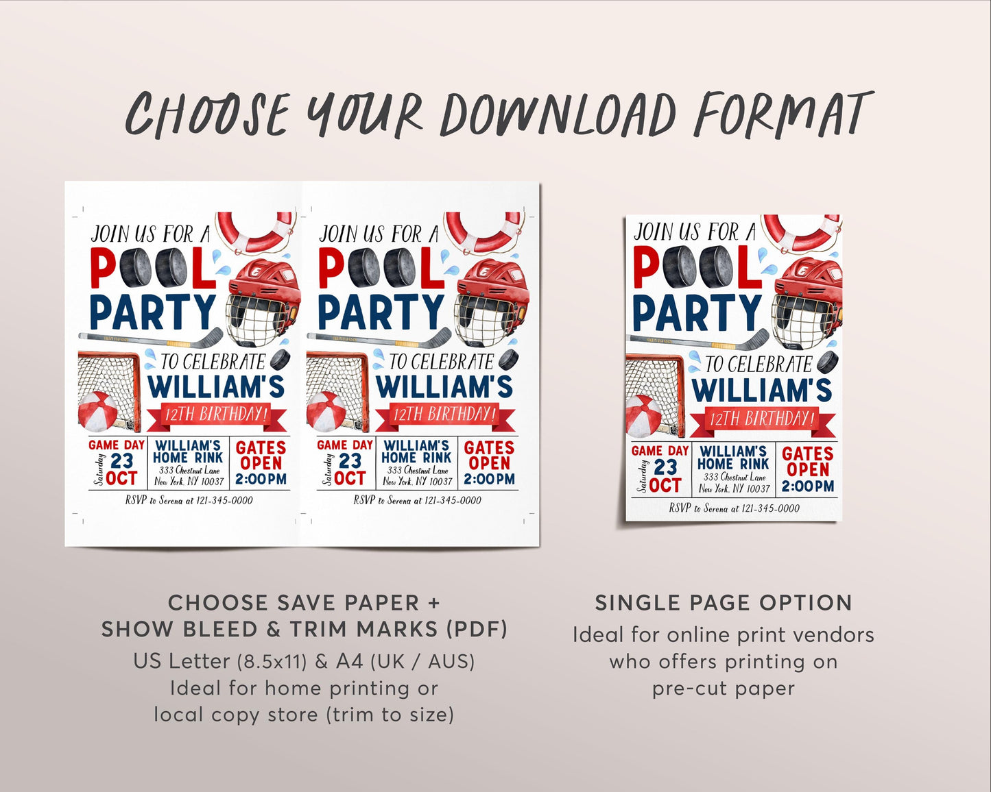 Hockey Pool Party Birthday Invitation Editable Template, Sports Ice Hockey Backyard Summer Party Invite, Swimming Pool Splish Splash Evite