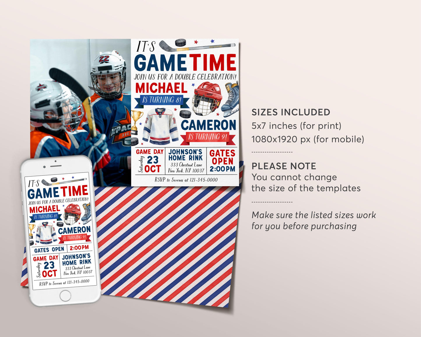 Ice Hockey Joint Siblings Birthday Invitation With Photo Editable Template, Boy Twins Ice Skating Rink Invite, Sport Puck Stick Helmet Evite