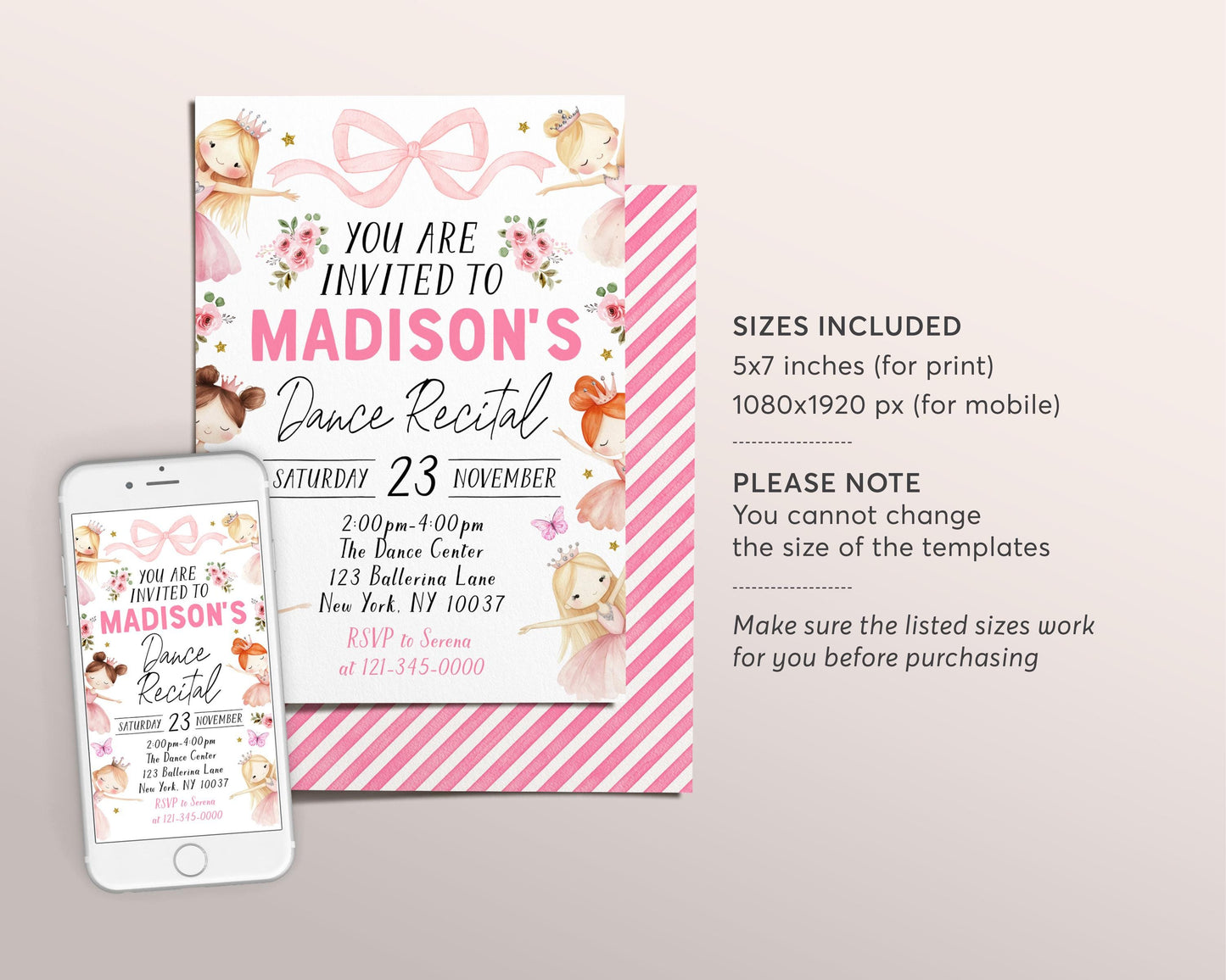 Ballet Recital Invitation Editable Template, Dance Recital Invite, Pink Ballerina School Ballet Recital Floral Bow Ballet Shoe Tutu Evite