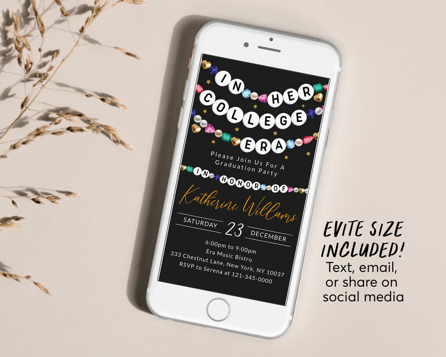 In Her College Era Invitation With Photo Editable Template, Graduation Announcement Friendship Bracelet Party Invite, Grad Black Gold Evite