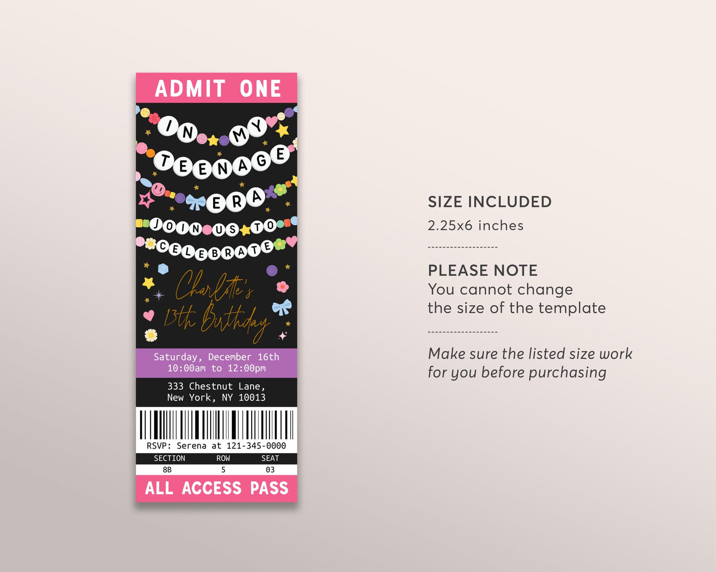 In My Teenage Era Ticket Invitation Editable Template, Friendship Bracelet Birthday Era Party Invite, Teen Thirteen 13th Birthday Girl Eras