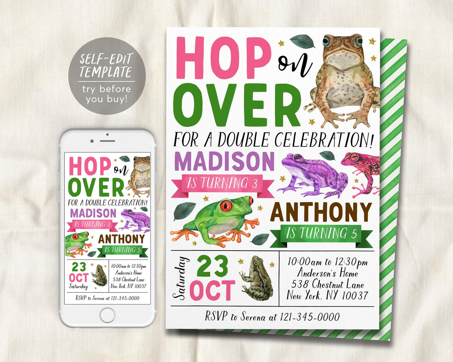 Frog Joint Siblings Birthday Invitation Editable Template