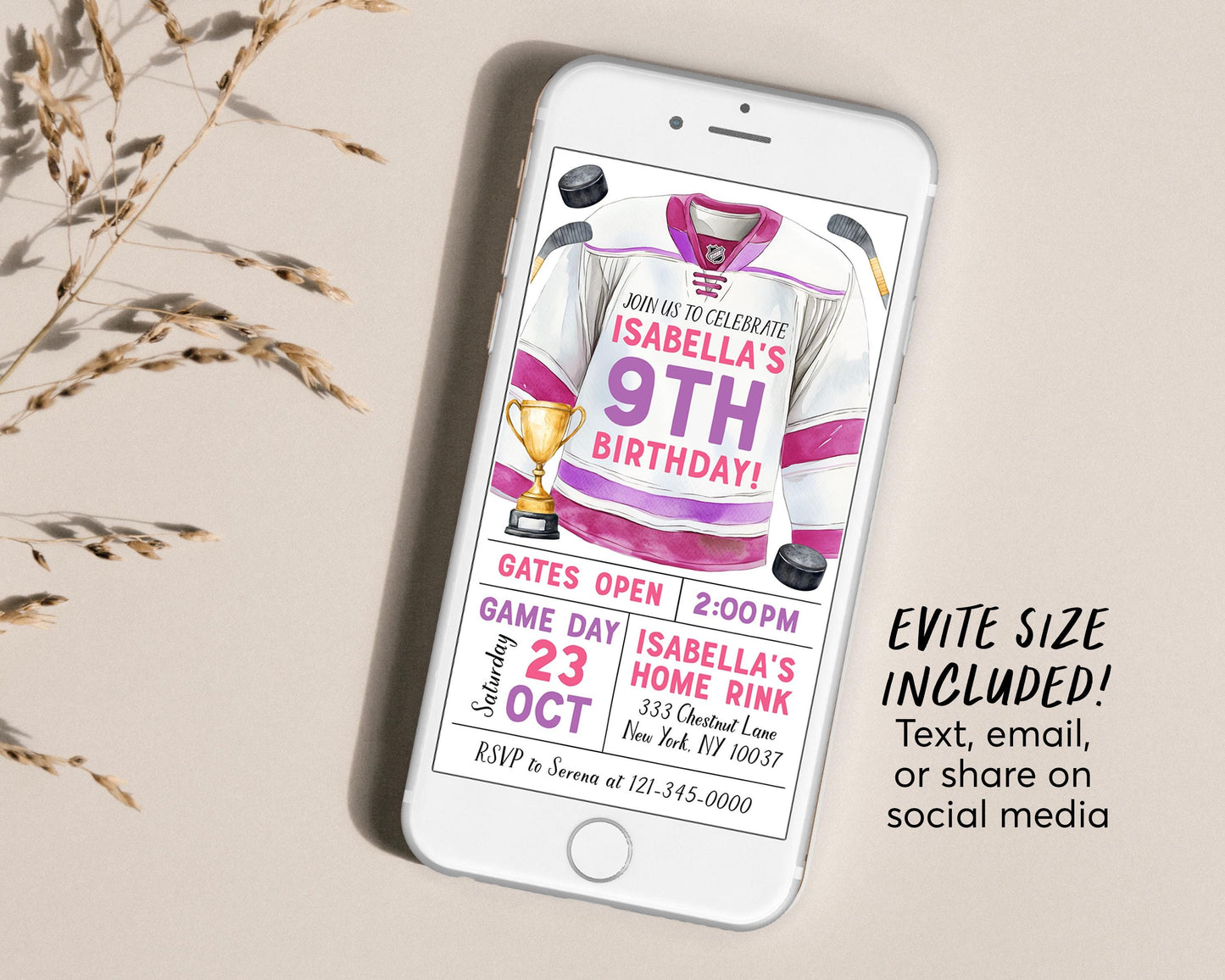 Hockey Birthday Invitation With Photo Editable Template, Girl Ice Skating Rink Ice Hockey Jersey Invite, Pink Sports Game Time Puck Evite