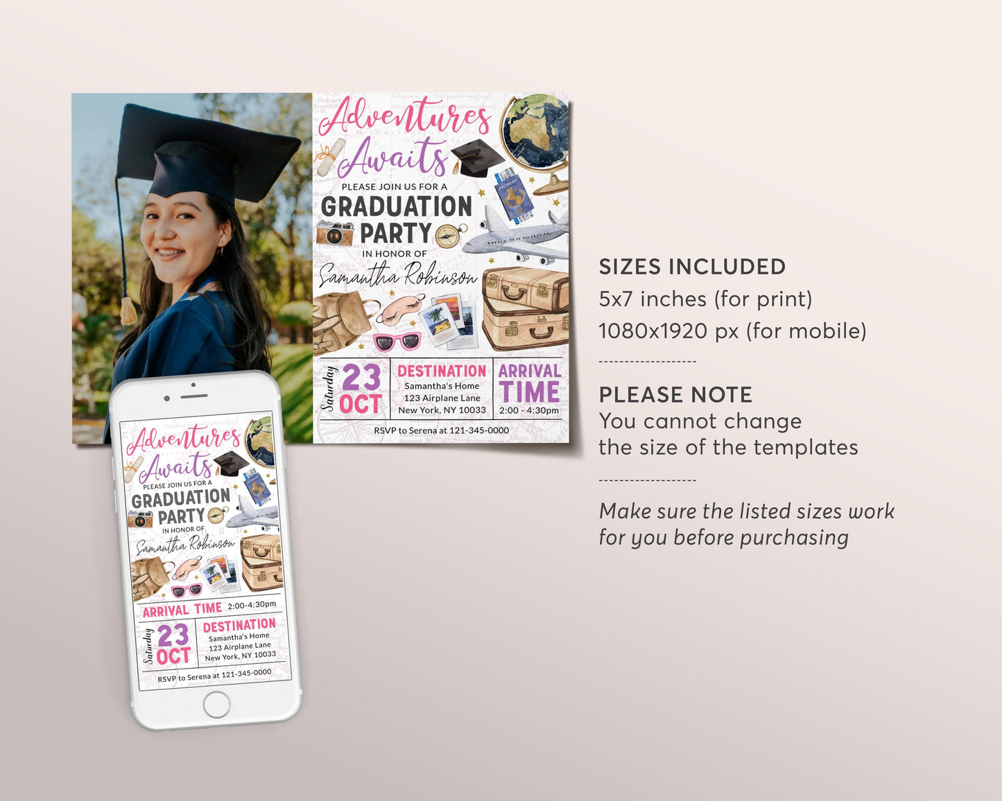 Farewell Graduation Invitation With Photo Editable Template, Travel Grad Announcement Party Invite For Her, Around the World College Map