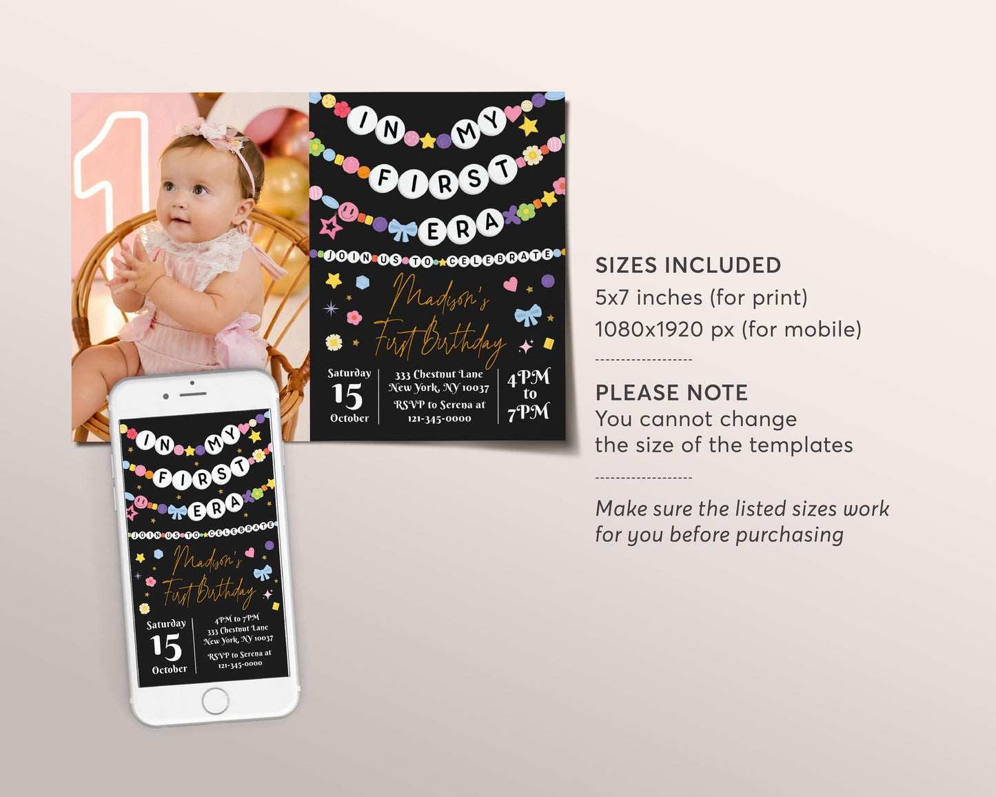 In My First Era Invitation With Photo Editable Template, First 1st Birthday Friendship Bracelet Party Invite, Girl Eras Black Gold Evite