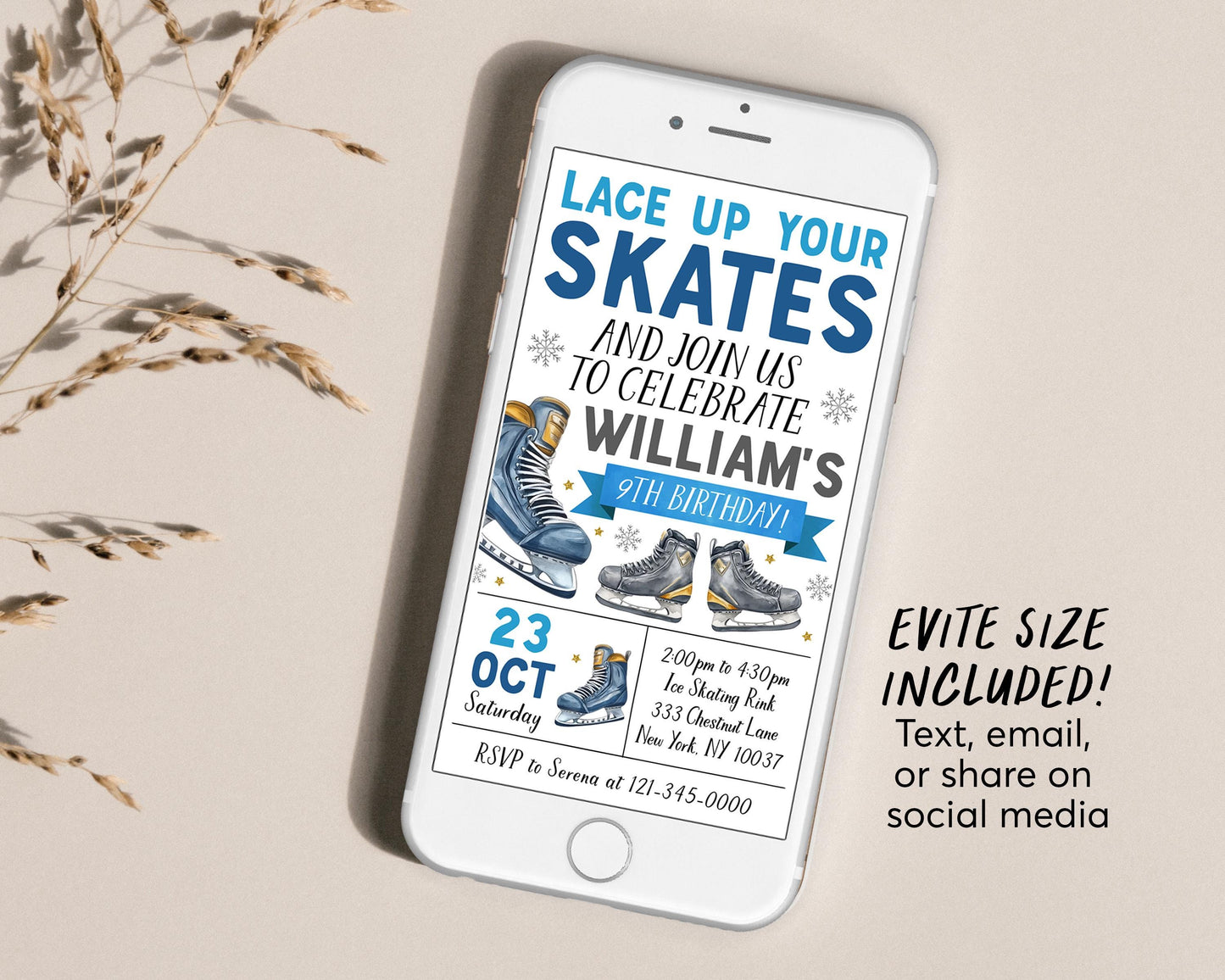 Ice Skating Birthday Invitation Editable Template, Boy Ice Hockey Skating Party Invite, Kids Lace Up Your Skates Sports Skate Rink Evite