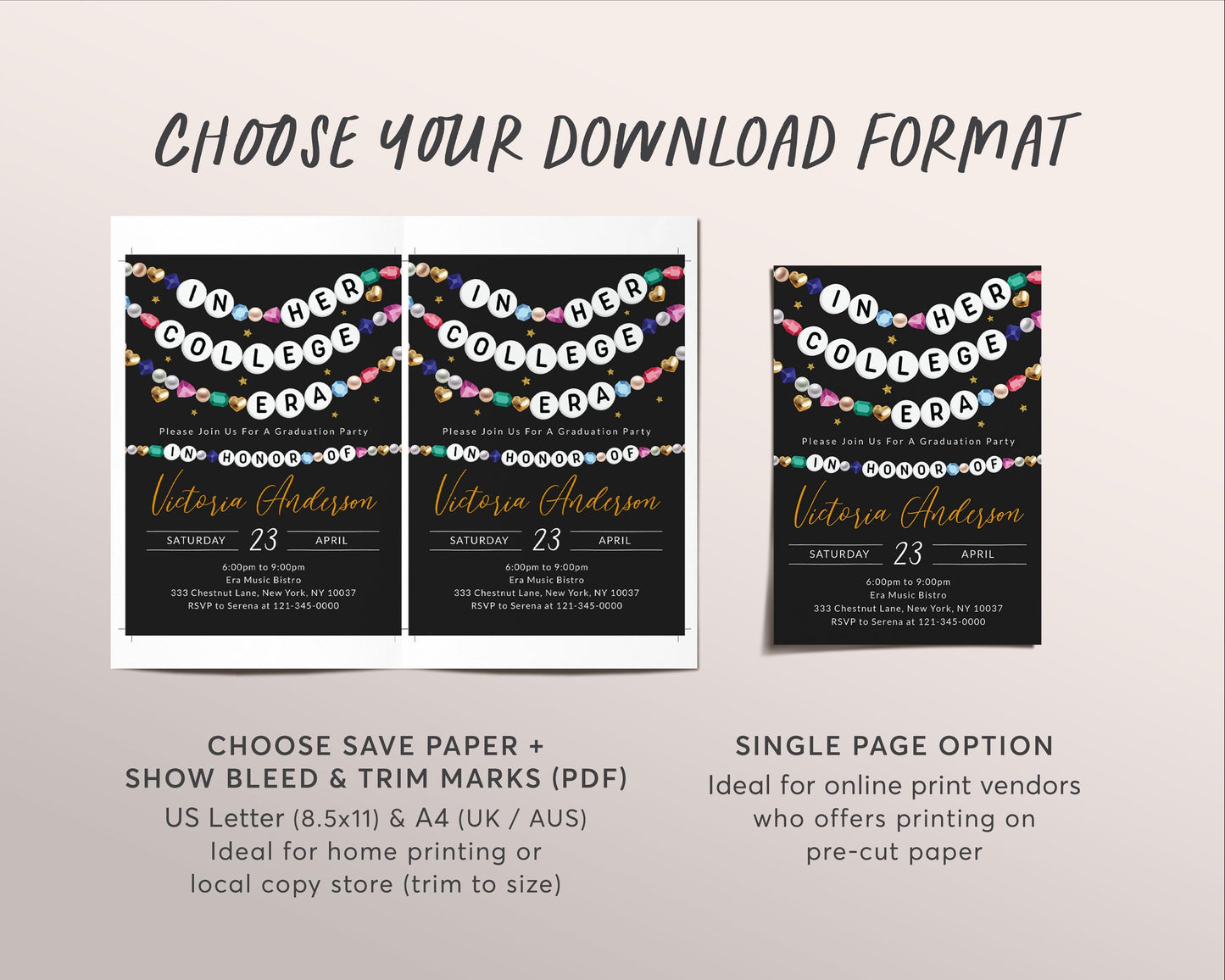 In Her College Era Invitation Editable Template, Graduation Announcement Friendship Bracelet Party Invite, Grad School Black Gold Evite