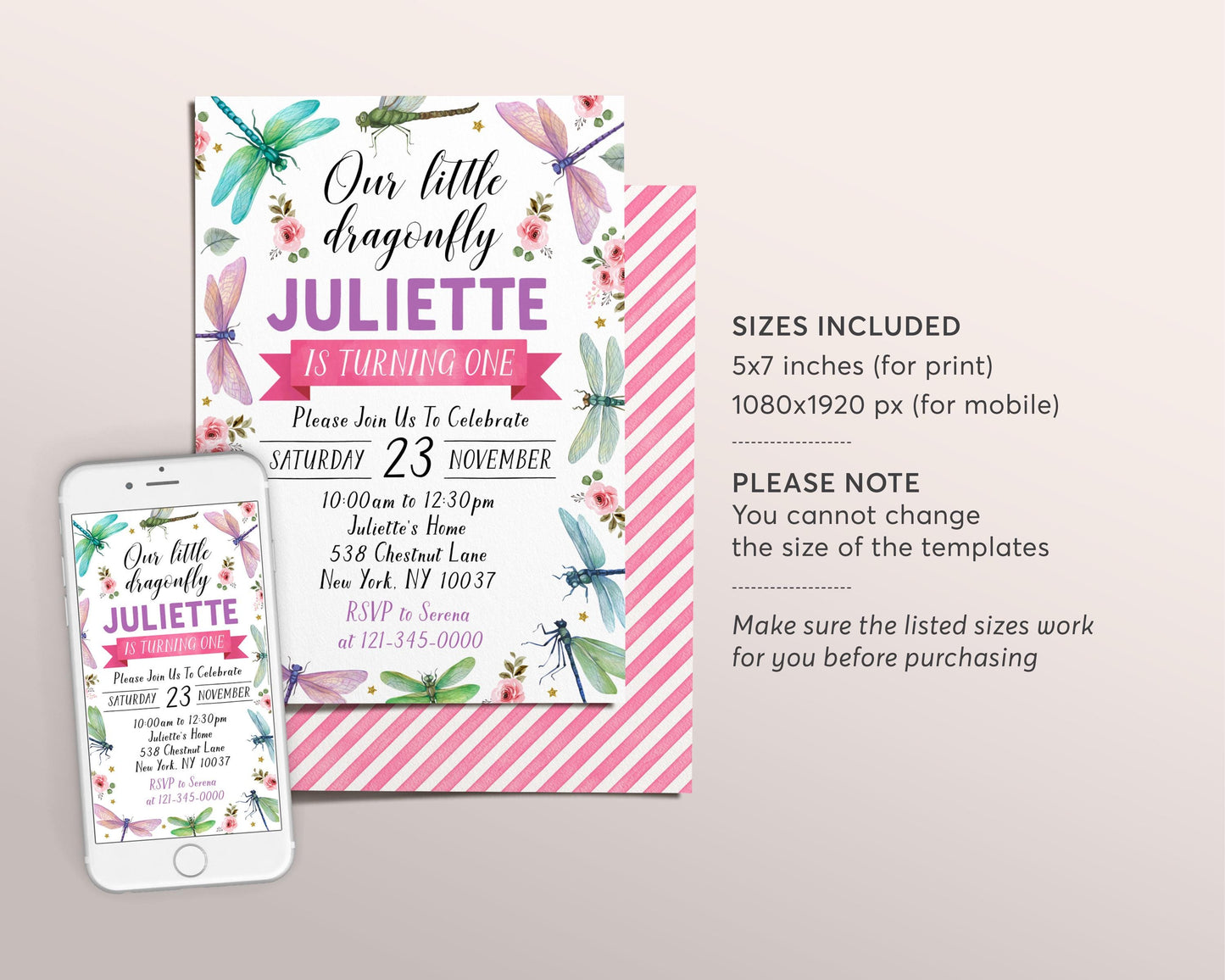Dragonfly Birthday Invitation Editable Template, Girl Little Dragonfly Floral Party Invite, Summer Garden Party Bugs Insects Nature Evite