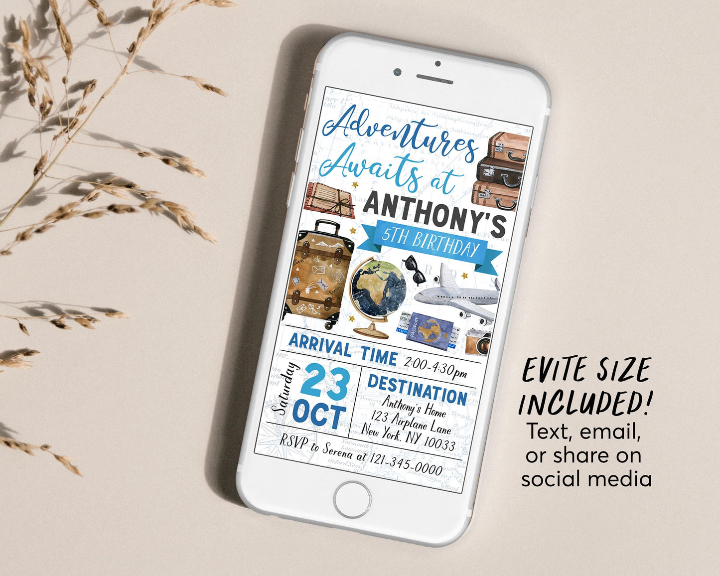 Adventure Awaits Travel Birthday Invitation With Photo Editable Template, Around the World Party Invite, Vintage Map Passport Plane Evite