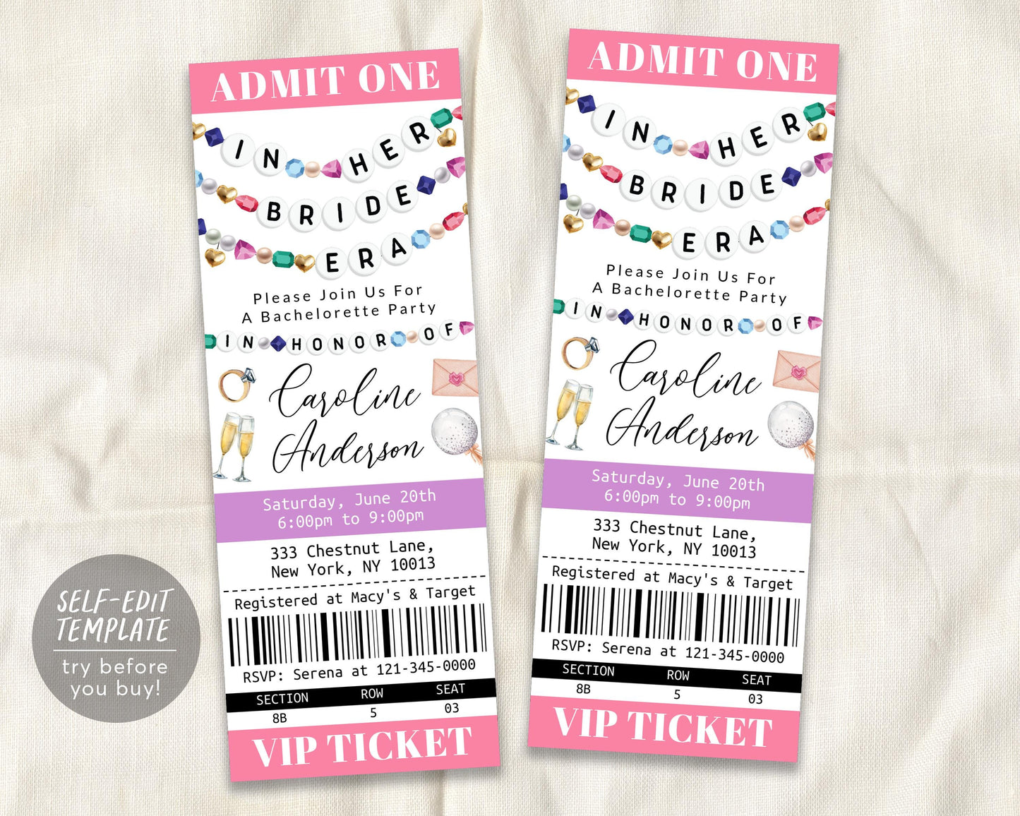 In Her Bride Era Bridal Shower Ticket Invitation Editable Template