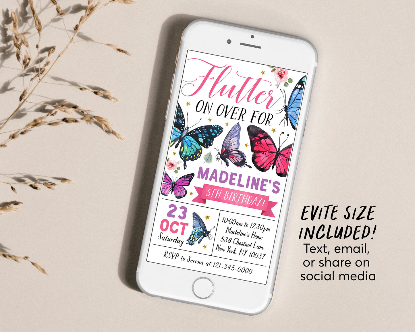 Butterfly Birthday Invitation Editable Template, Girl Flutter On Over Party Invite, Kids Floral Butterflies Butterfly Garden Nature Evite