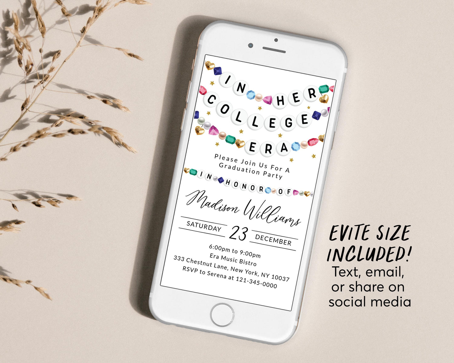 In Her College Era Invitation Editable Template, Graduation Announcement Friendship Bracelet Party Invite, Graduating Class School Evite