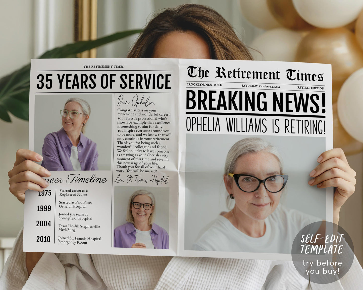 Retirement Newspaper Bouquet Wrap Editable Template, Retirement Party Newspaper Flower Wrap, Work Anniversary Poster Gift Career Timeline