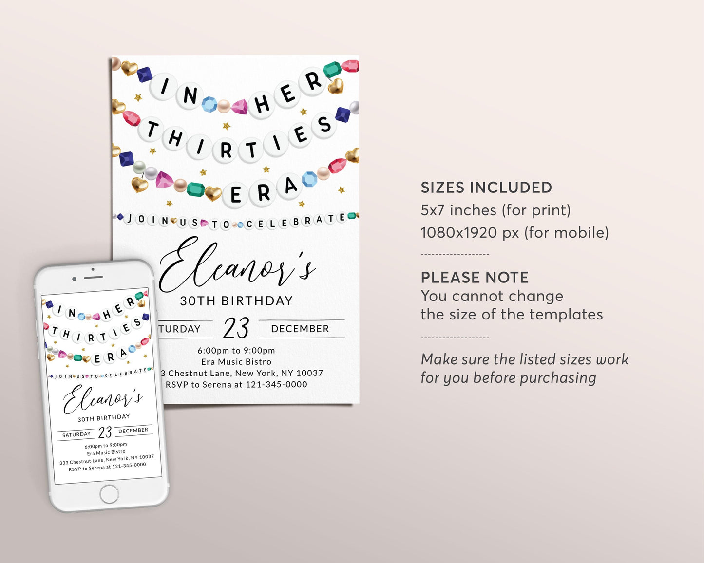 In My Thirties Era Invitation Editable Template, Friendship Bracelet Party Invite, Thirtieth 30th Birthday Girl Eras Music Party Gems Evite