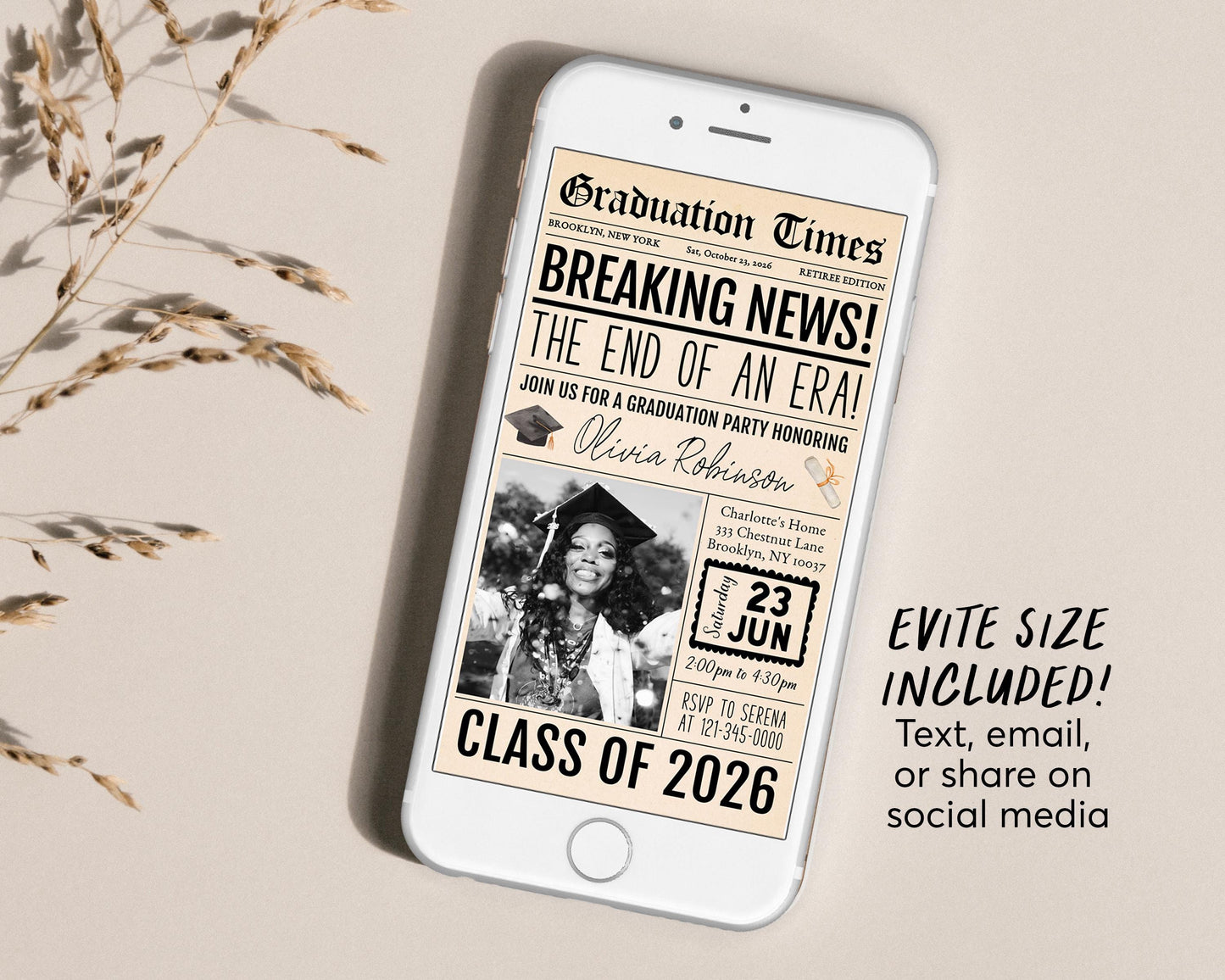 Graduation Vintage Newspaper Invitation Editable Template, Senior Graduation Announcement Party Invite, Grad College High School Evite
