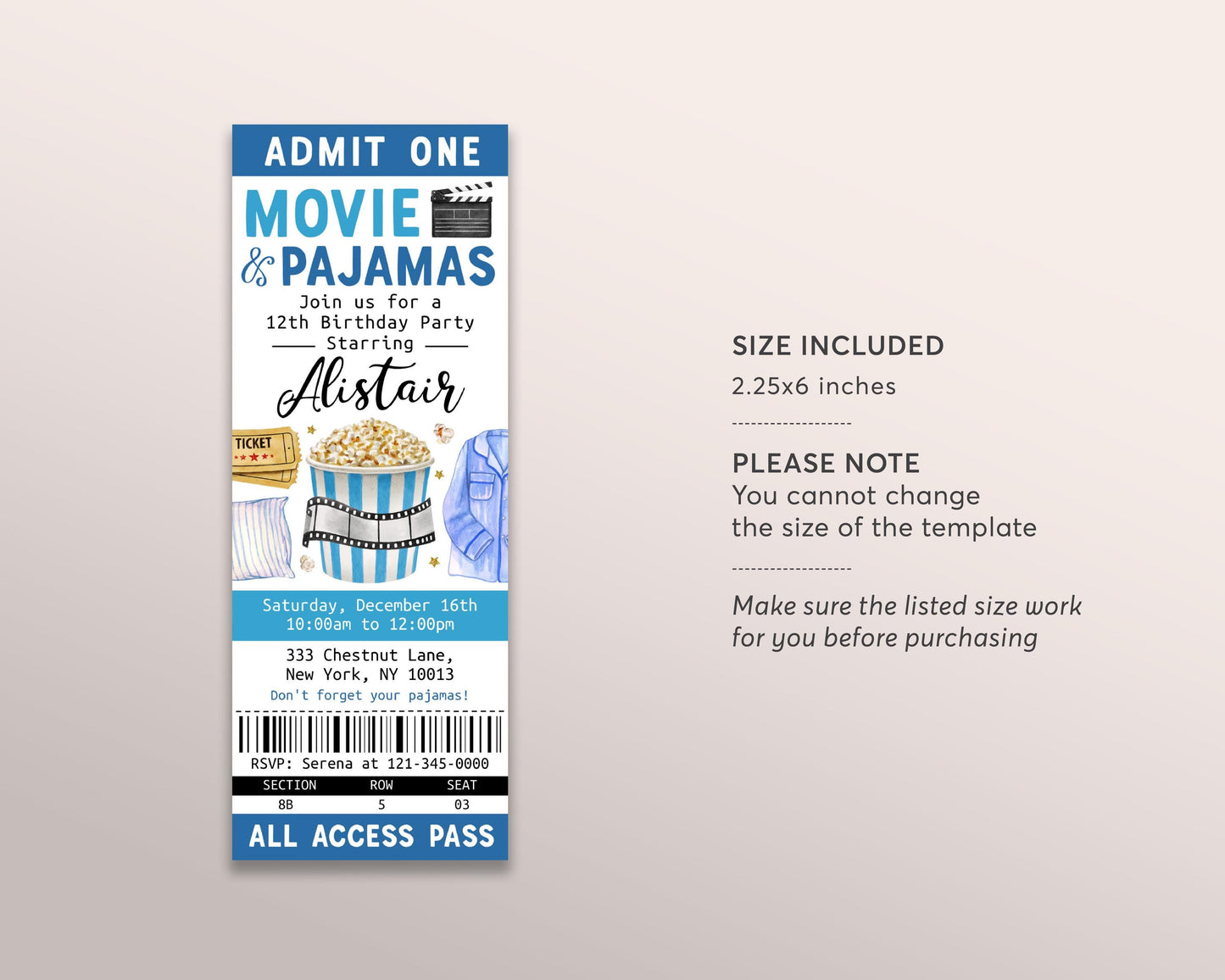 Movie and Pajamas Birthday Ticket Invitation Editable Template, Boy Kids Slumber Party Popcorn Cinema Movie Ticket Stub Party Invite Evite