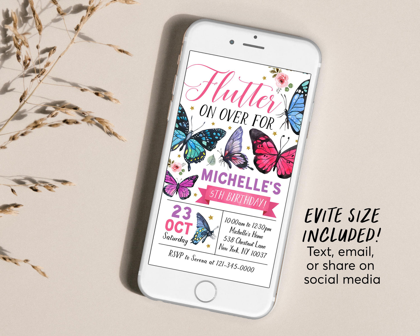 Butterfly Birthday Invitation With Photo Editable Template, Girl Flutter On Over Party Invite, Kids Floral Butterflies Garden Nature Evite