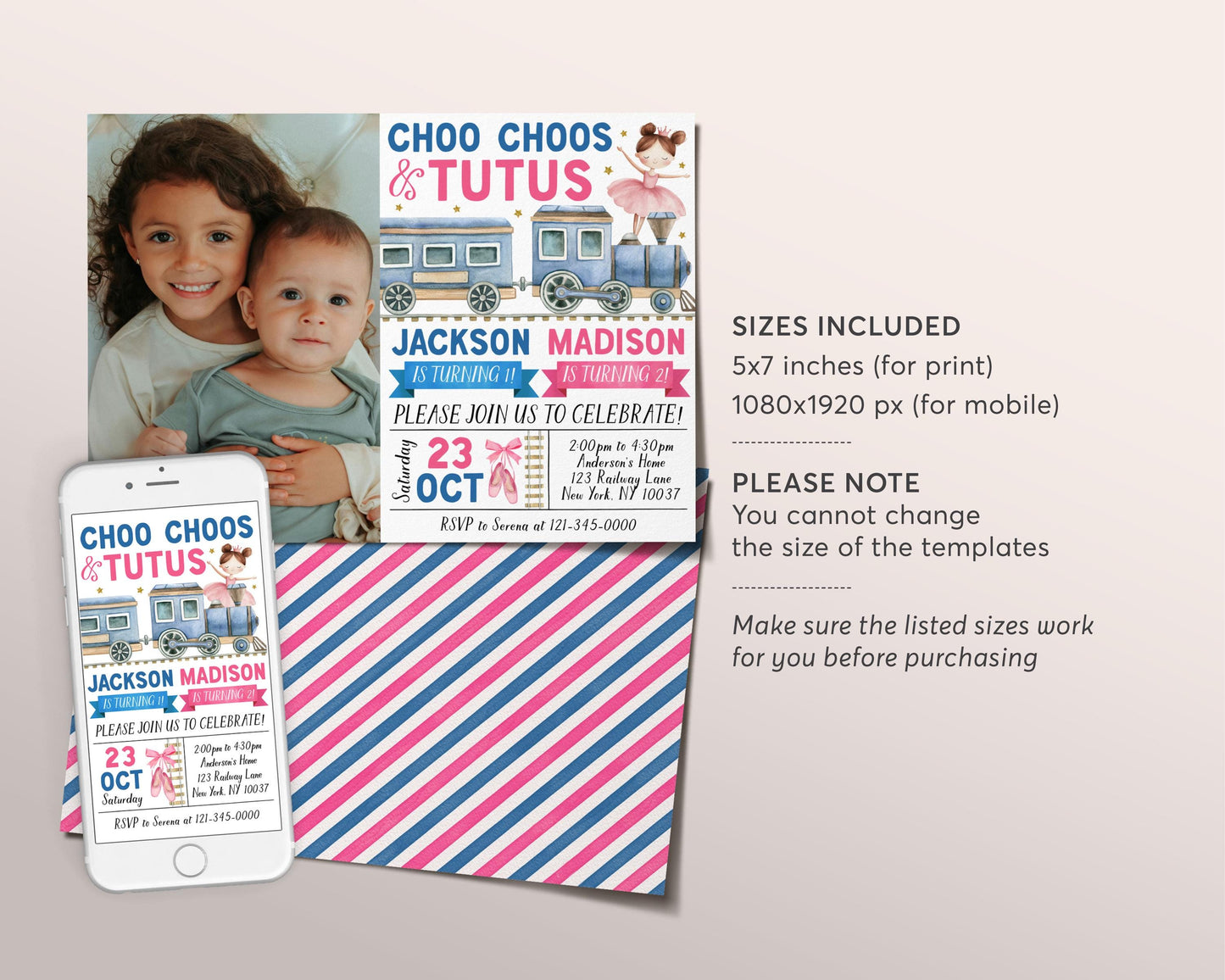 Choo Choos and Tutus Joint Siblings Birthday Invitation With Photo Editable Template, Girl Boy Train Ballerina Boarding Pass Party Invite
