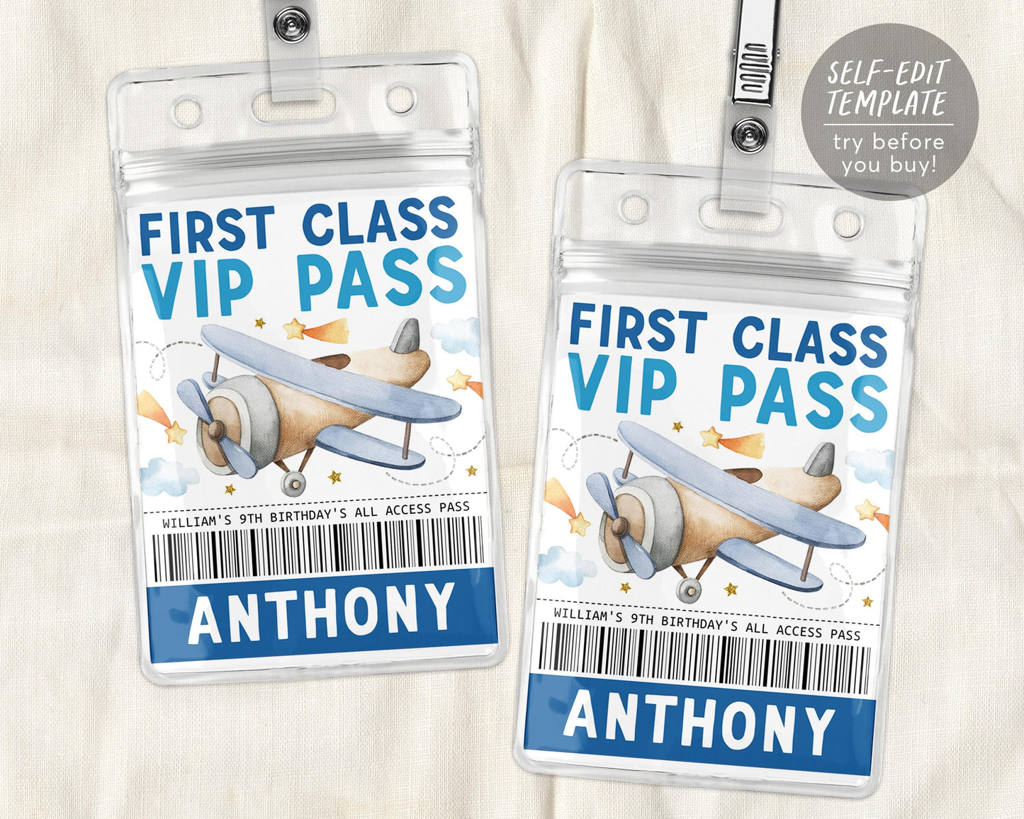 Airplane Birthday All Star VIP Pass Editable Template