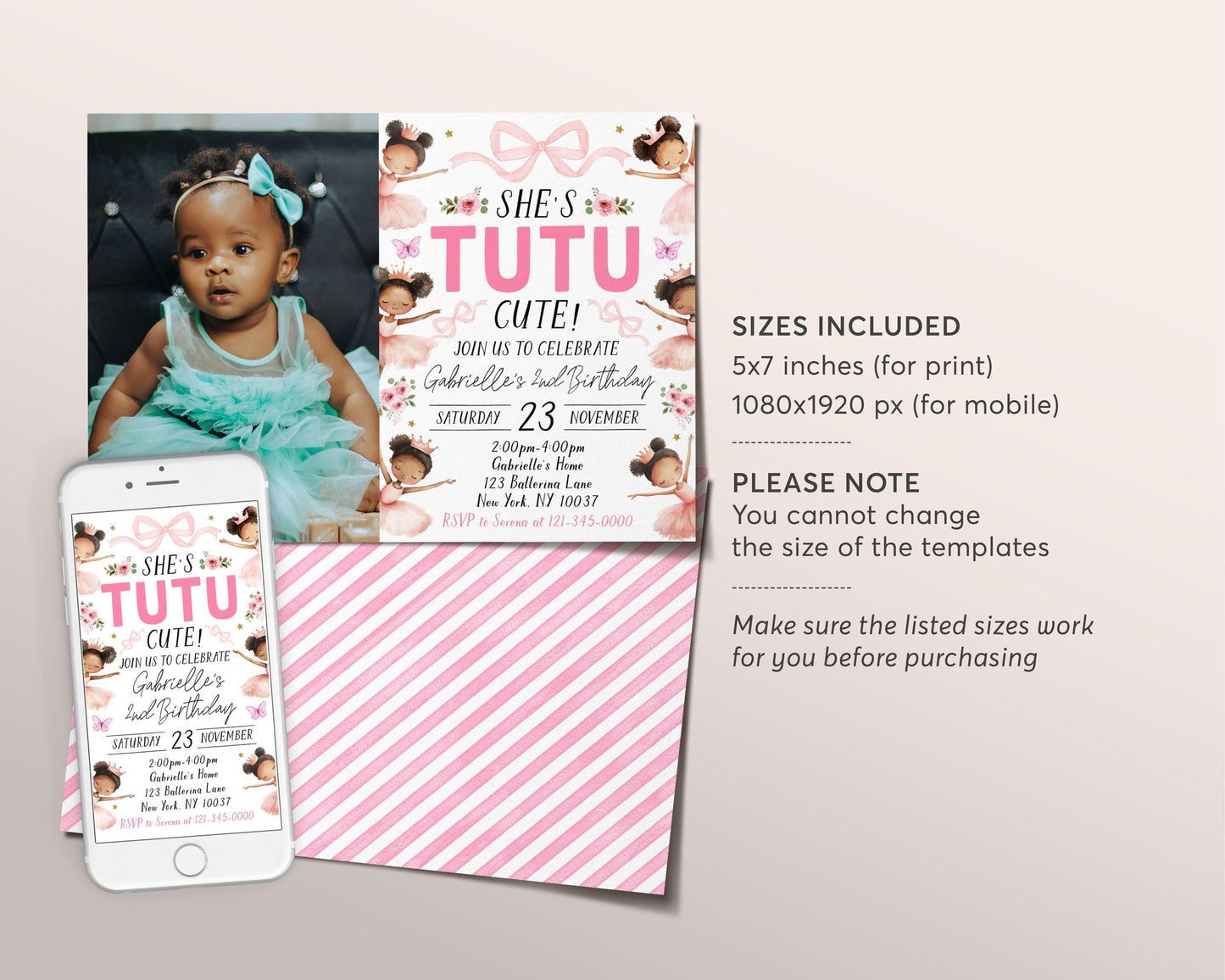 Tutu Cute 2nd Birthday Invitation With Photo Editable Template, Black Ballerina Second Birthday Invite, Pink Ballet Dance Floral Bow Evite